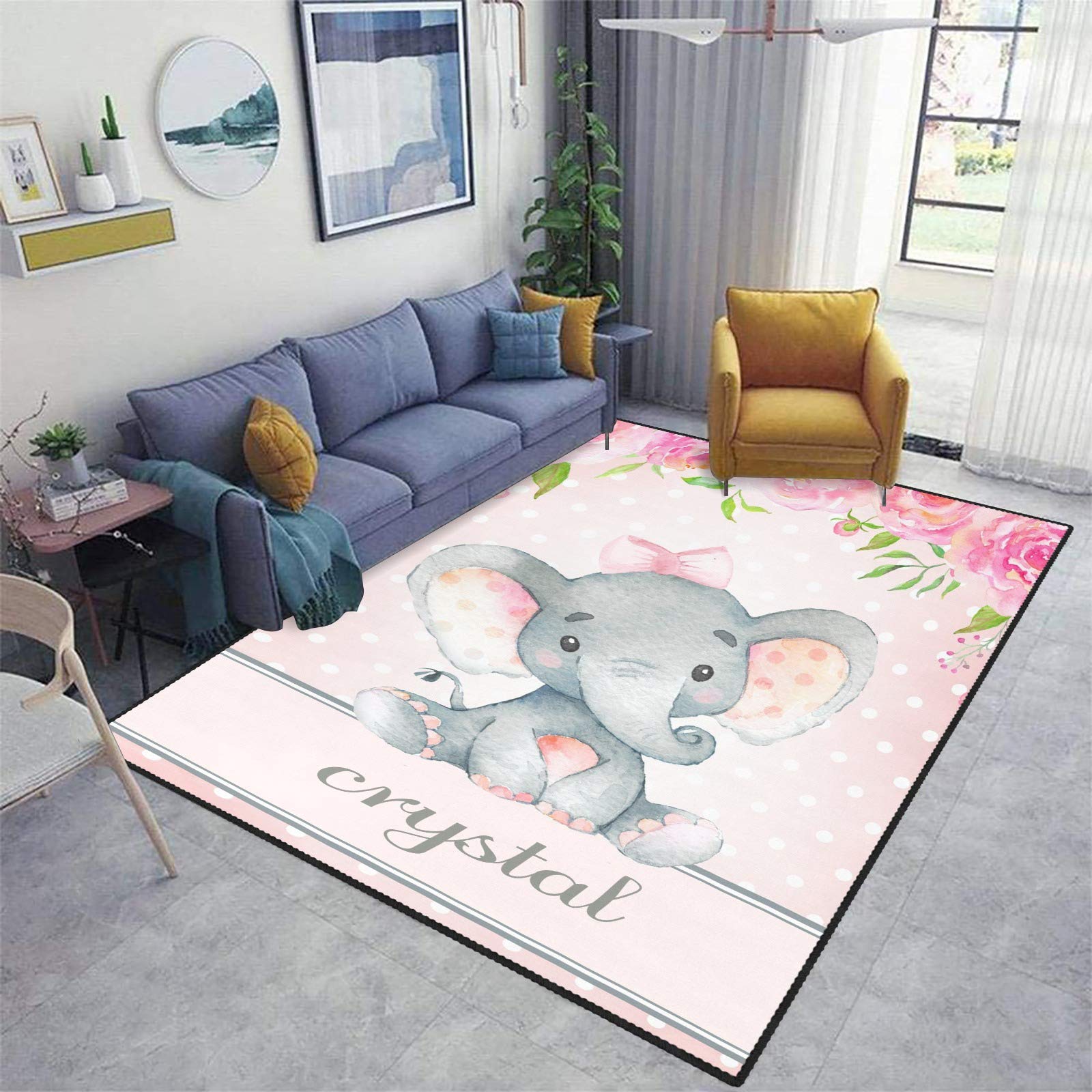 Custom Pink Flower Elephant Area Rug 4'x5.2' - Personalized Non-Slip Carpet for Living Room, Yoga, Bedroom, Kids Playroom & Camping | Soft Floor Mat for Home Decor & Play Areas
