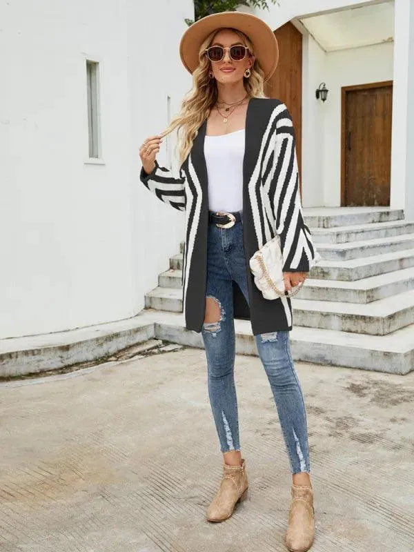 Elegant V-Neck Diamond Stripe Cardigan Sweater for Women - Soft Knit Open Front Long Sleeve Wrap - Perfect for Office, Date Night & Fall Layering