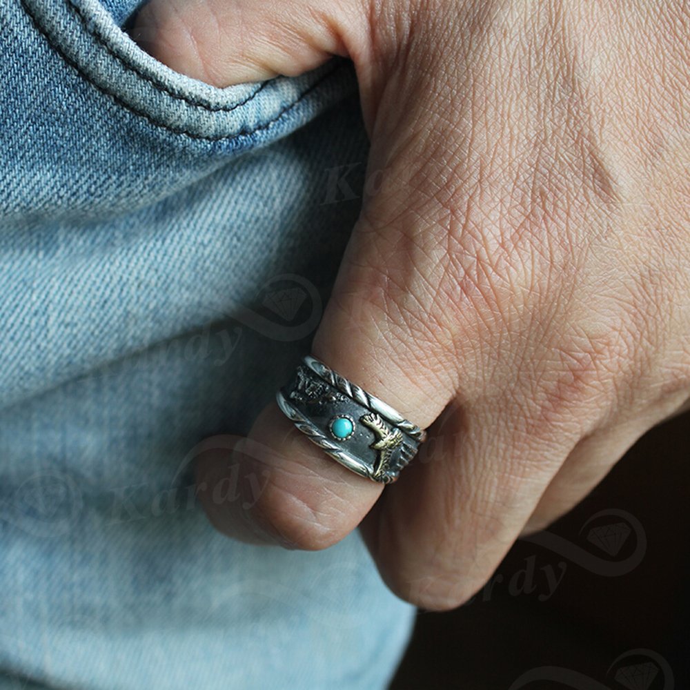 Antique Vintage Men's 925 Sterling Silver & Copper Biker Ring Set with Natural Blue Turquoise Gemstone - Unique Fashion Jewelry for Daily Wear & Motorcycle Enthusiasts
