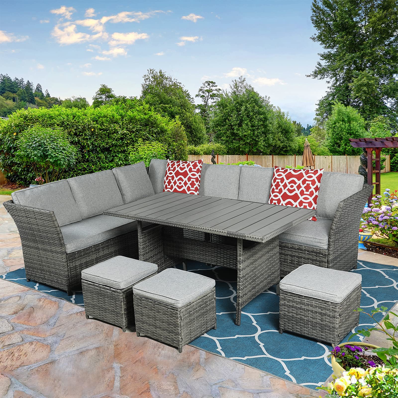 MEETWARM 7-Piece All-Weather Wicker Patio Furniture Set - Outdoor Rattan Sectional Sofa with Ottoman, Coffee Table & Chairs - Gray Conversation Set for Garden, Poolside & Backyard Relaxation