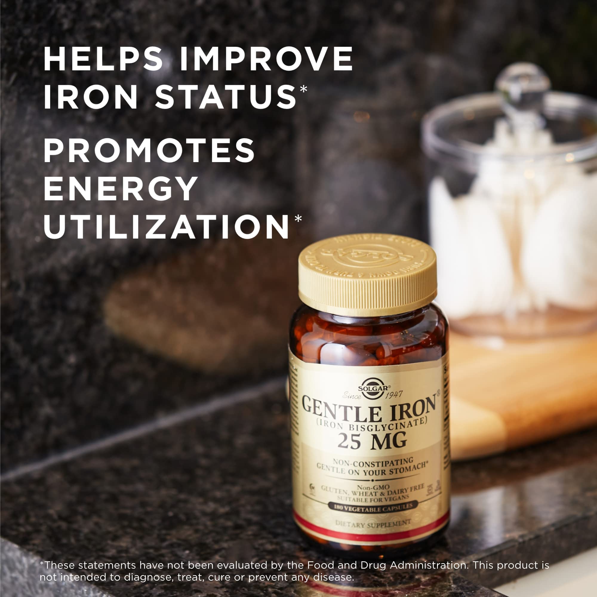 Solgar Gentle Iron (Iron Bisglycinate) 25mg - 180 Vegetarian Capsules - Non-Constipating, Stomach-Friendly Iron Supplement - Non-GMO, Gluten-Free - Supports Energy & Red Blood Cell Production - Ideal for Sensitive Stomachs & Active Lifestyles