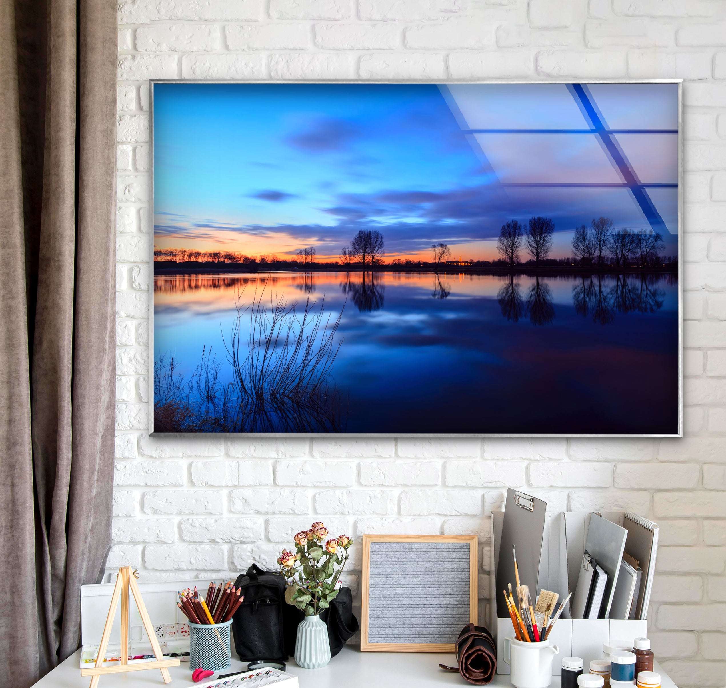 Blue Sunset Lake Wall Art - Serene Landscape Glass Print for Modern Home & Office Decor | Perfect for Living Room, Bedroom & Meditation Spaces
