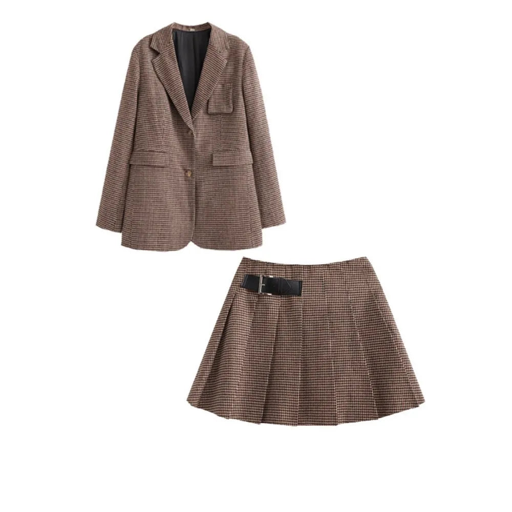 Stylish Autumn Loose Slim Suit Coat with Leather Buckle & Wide Pleated Skirt Pants Set - Women's Fashion Two-Piece Outfit for Work, Dating, and Fall Parties
