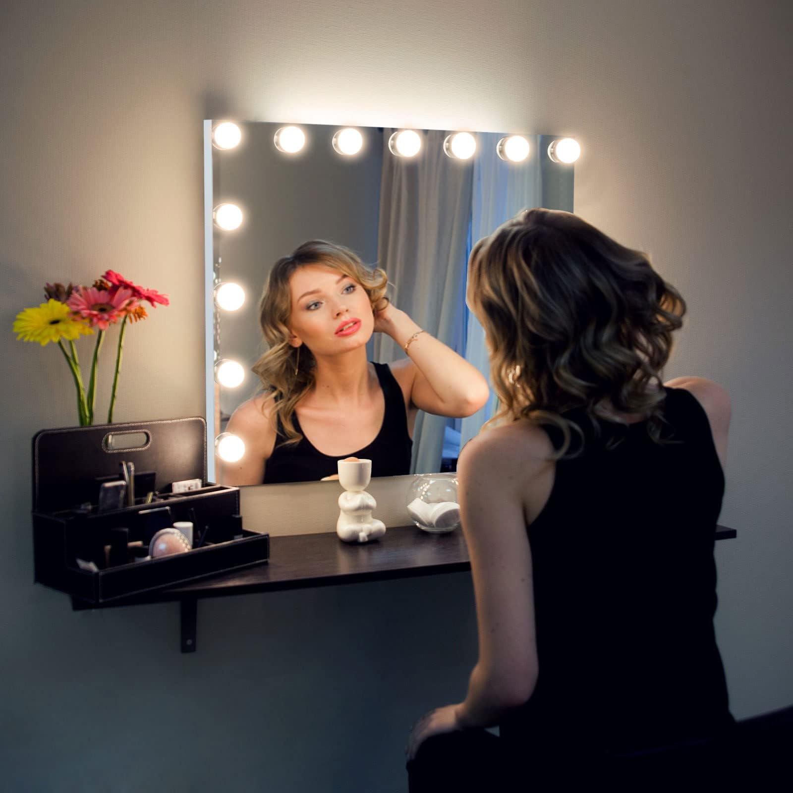 NAIMP Hollywood Vanity Mirror with 15 LED Lights - Large Dimmable Touch Makeup Mirror with USB Charging Port, Wall Mount & Desktop Cosmetic Mirror for Dressing Table (White) - Perfect for Home Makeup Studio, Salon & Beauty Room Lighting