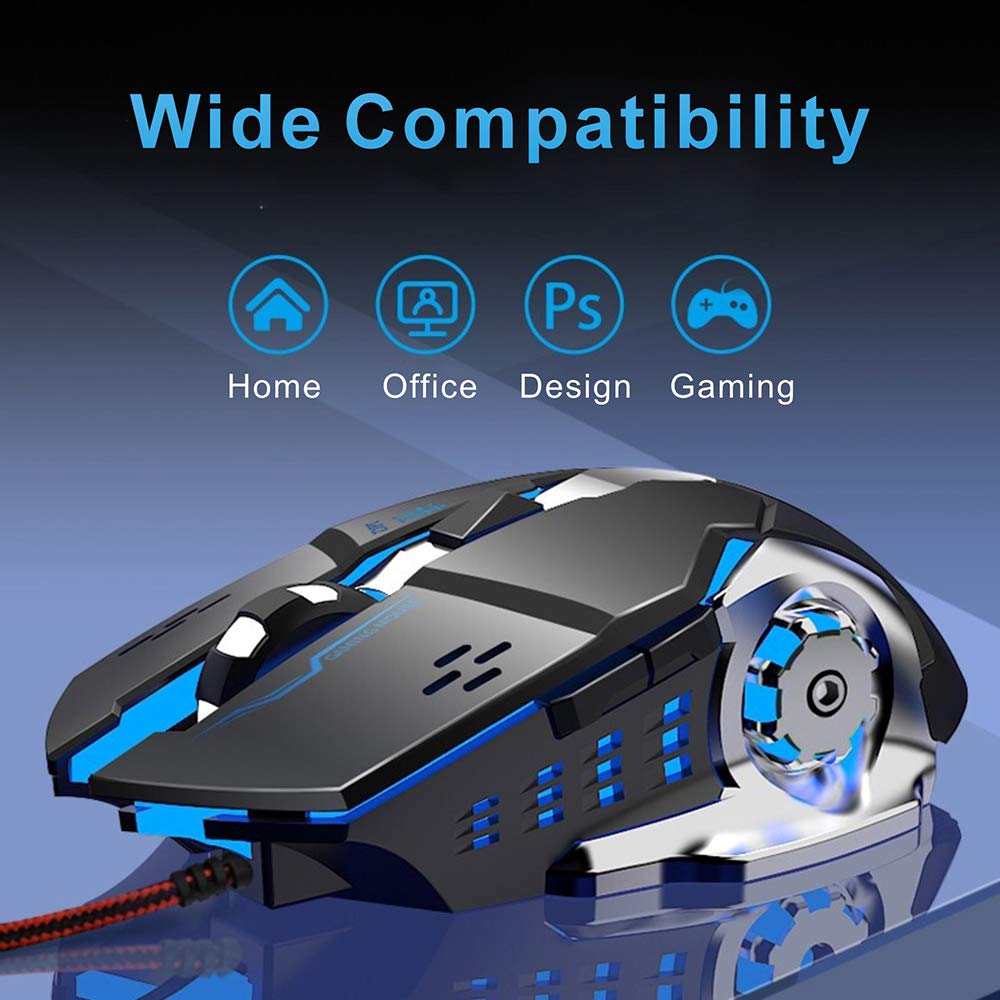 TENMOS K85 Silent Click Wired Gaming Mouse - Ergonomic USB Computer Mouse with 4 Adjustable DPI, Breathing LED Light, 6 Buttons - Compatible with PC, Laptop, Computer (Black) - Perfect for Gaming, Office, and Home Use