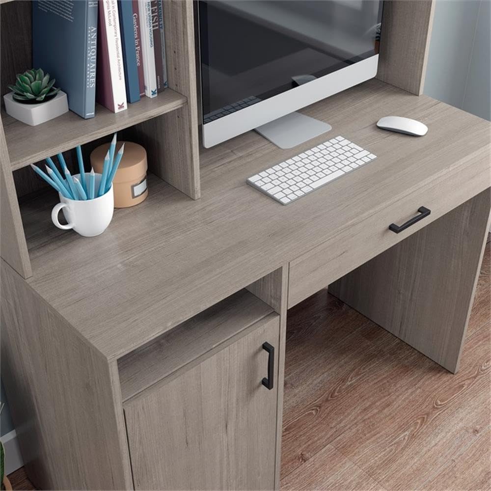 Pemberly Row Engineered Wood Desk with Hutch - Silver Sycamore/Brown Finish | Home Office Furniture for Work & Study | Modern Writing Desk with Storage Shelf