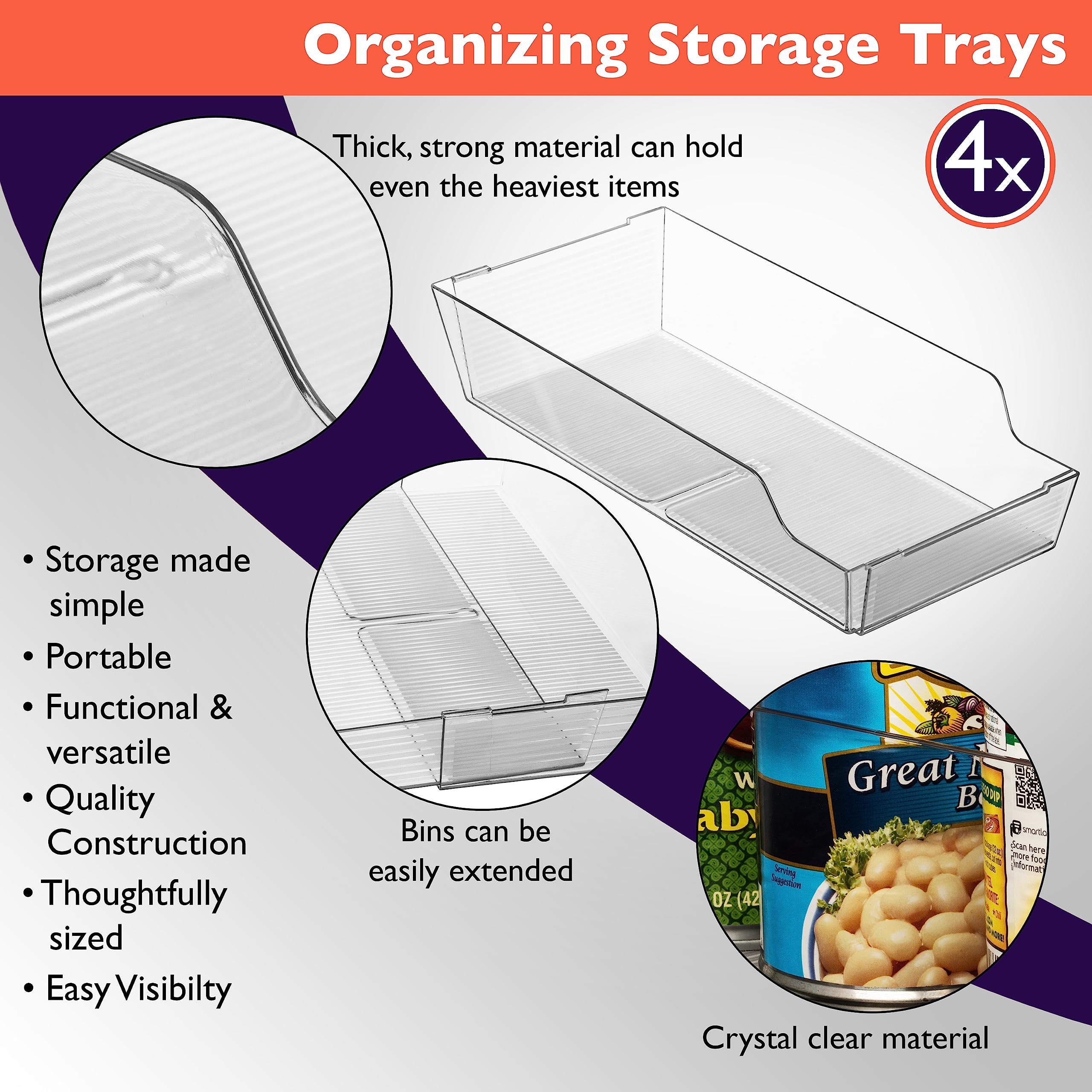 ClearSpace Adjustable Can Organizer for Refrigerator - Expandable Soda Can Dispenser Fits Most Cabinets, Pantries & Fridges - Organize Beverages, Soup & Canned Goods (4 Pack) - Perfect for Kitchen Storage, Garage Shelving & Pantry Organization