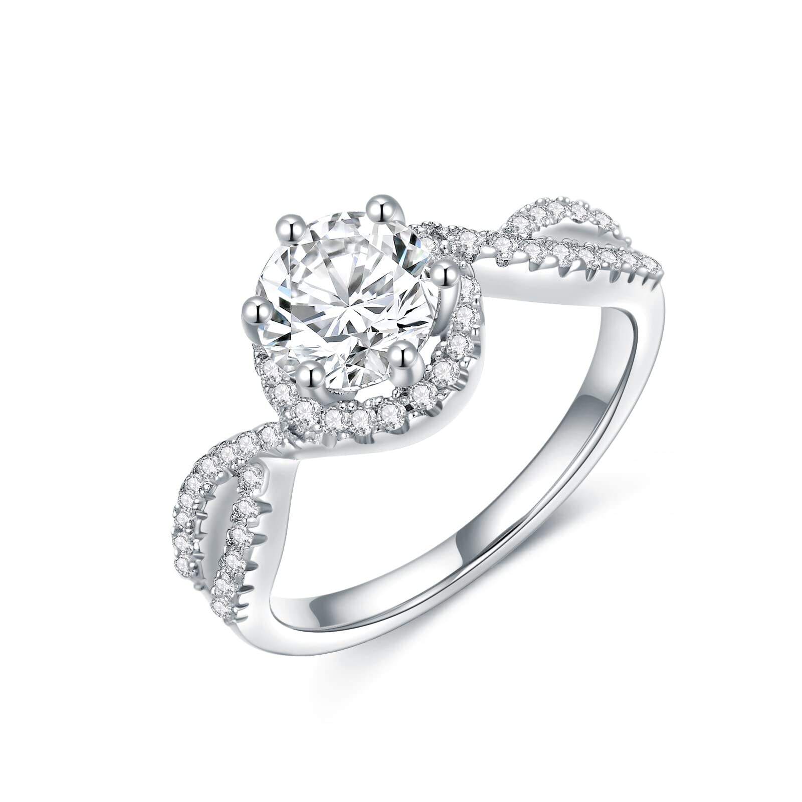 1.0 CT Twisted Halo Moissanite Engagement Ring for Women - Platinum Plated Silver Wedding Band, Proposal & Anniversary Gift (Perfect for Valentine's Day, Christmas & Special Occasions)