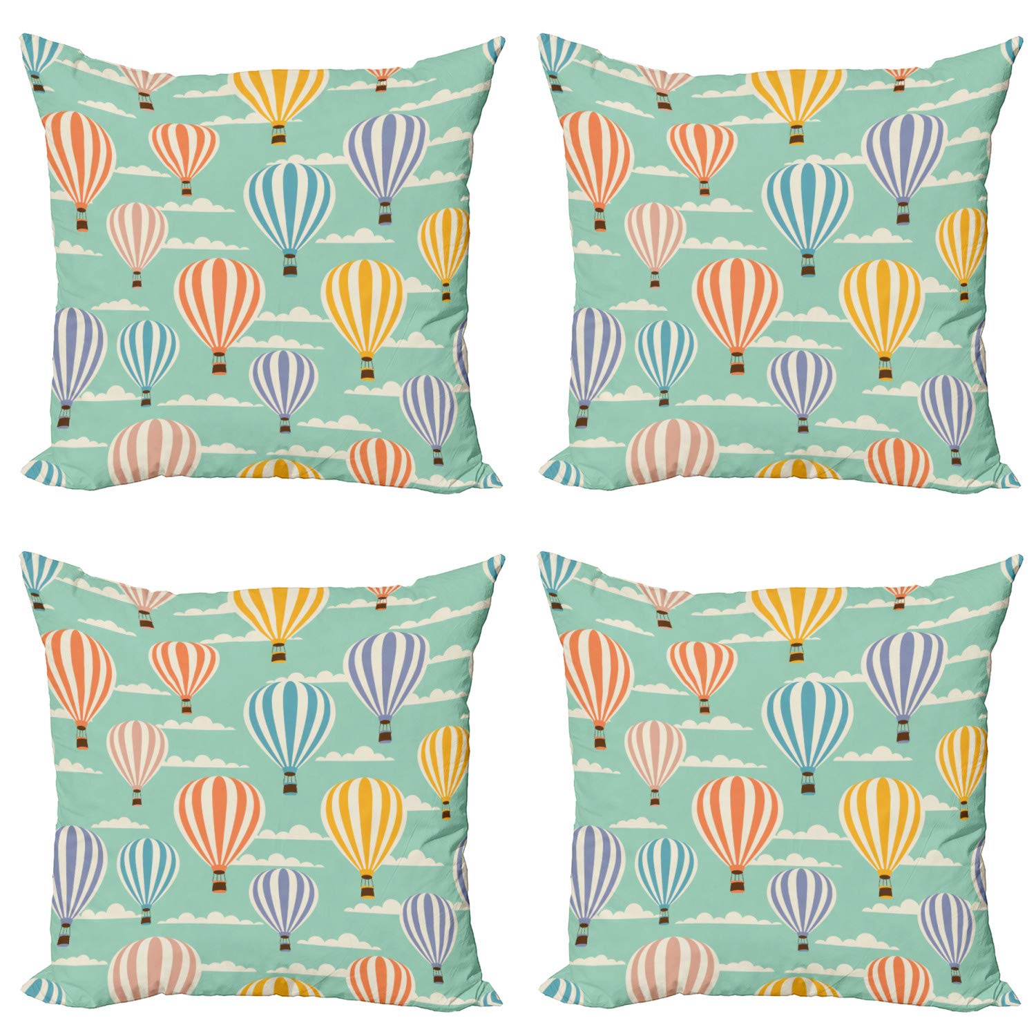 Ambesonne Vintage Throw Pillow Covers Set of 4 - 18 Inch Retro Travel Balloons Design with Blue Sky & Cloud Pattern, Double-Sided Digital Print in Blue, Orange & Purple - Perfect for Living Room Sofa, Bedroom Decor & Boho Home Accents