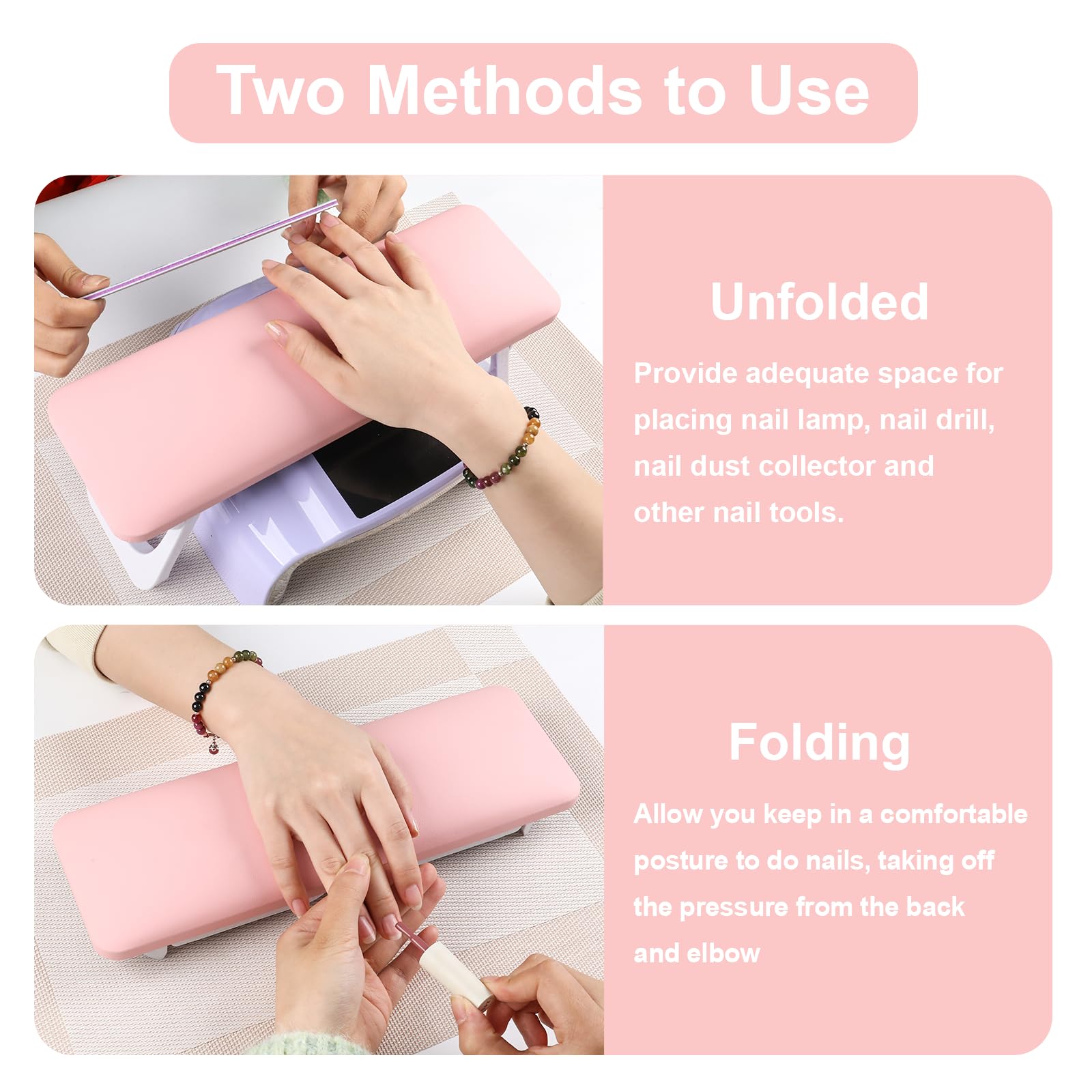 ANGNYA Foldable Nail Arm Rest for Nail Technicians - Pink Manicure Hand Stand with PVC Table Mat & Microfiber Leather - Perfect for Nail Salon, Home Manicures & Professional Nail Art Sessions