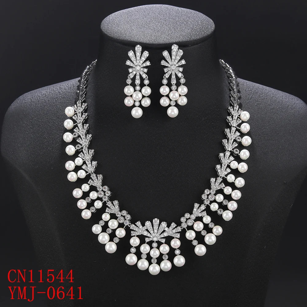 Elegant Shiny Cubic Zirconia Pearl Necklace Set - Luxury Bridesmaid Gift, Wedding Jewelry for Women - Perfect for Bridal Showers, Banquets & Special Occasions