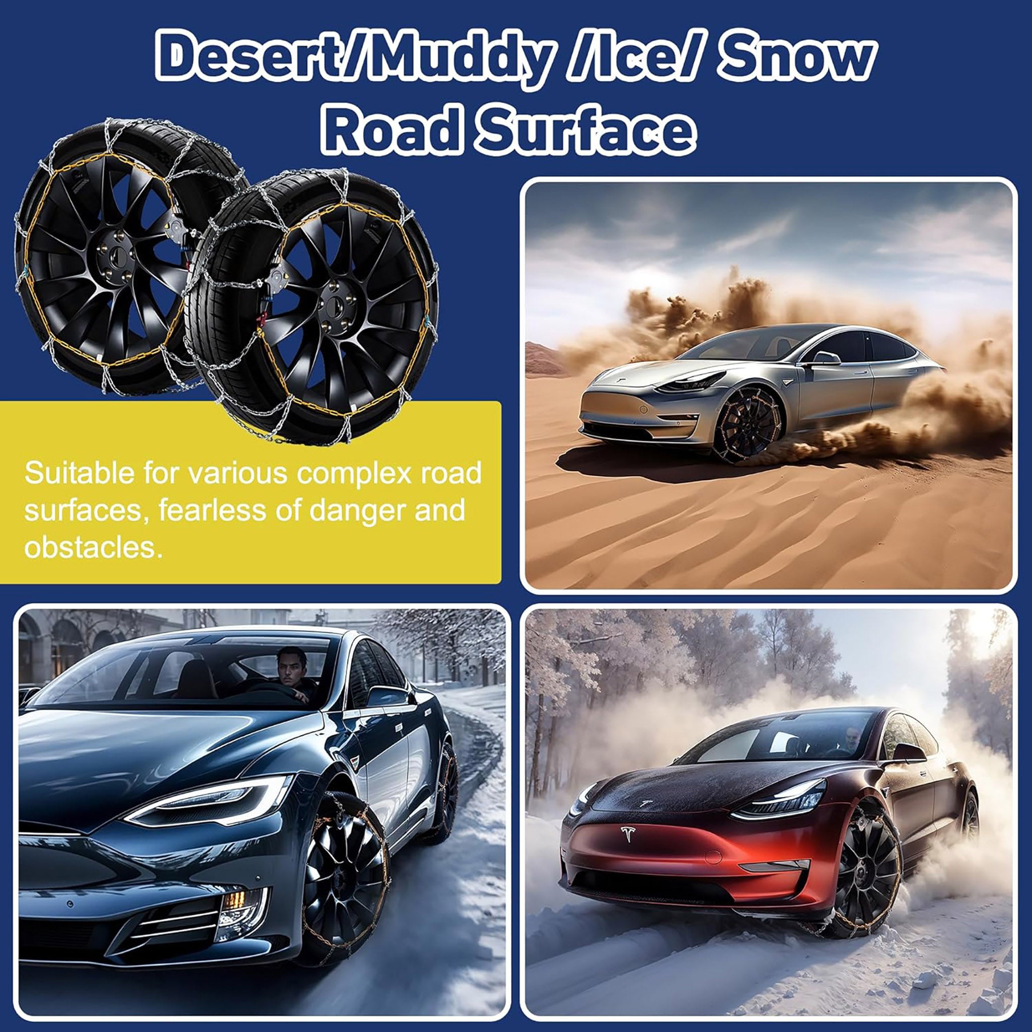 Premium Snow Chains for Tesla Model 3 & Model Y - Heavy Duty Winter Traction for Snowy Roads & Mountain Driving