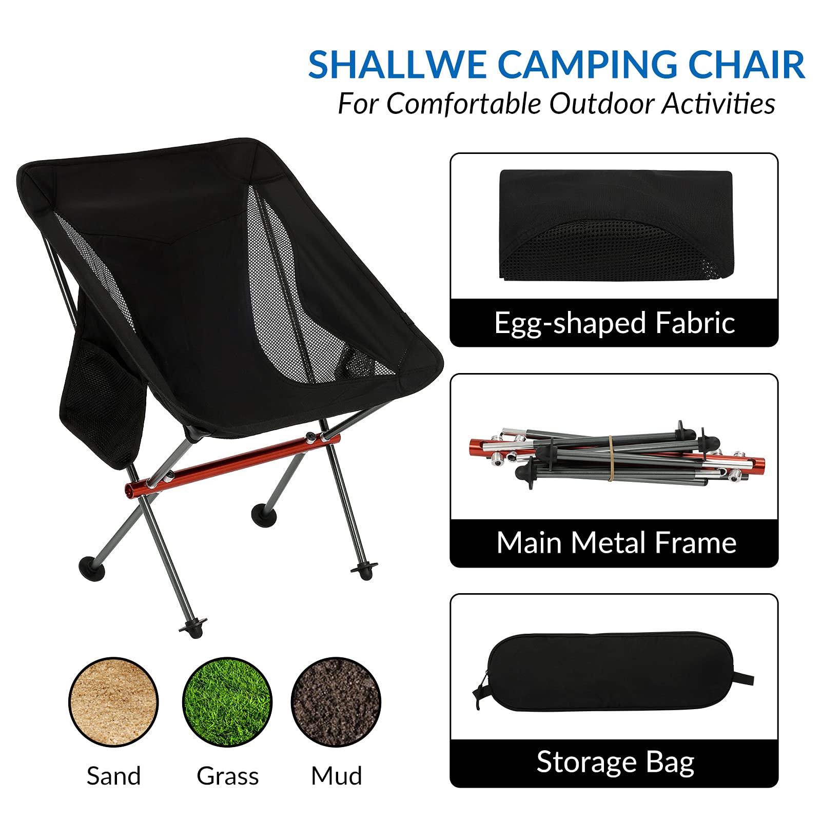 Ultralight Portable Camping Chair - Aviation Aluminum Frame Compact Folding Chair with 300lbs Capacity, Wide Feet & Storage Bag - Perfect for Outdoor Camping, Hiking, Beach, Picnic, BBQ, Backyard & Lawn Activities (Black)