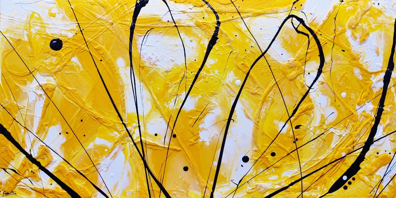 Golden Bandit 240cm x 120cm Yellow White Black Textured Abstract Canvas Wall Art - Modern Home Decor for Living Room, Bedroom & Office