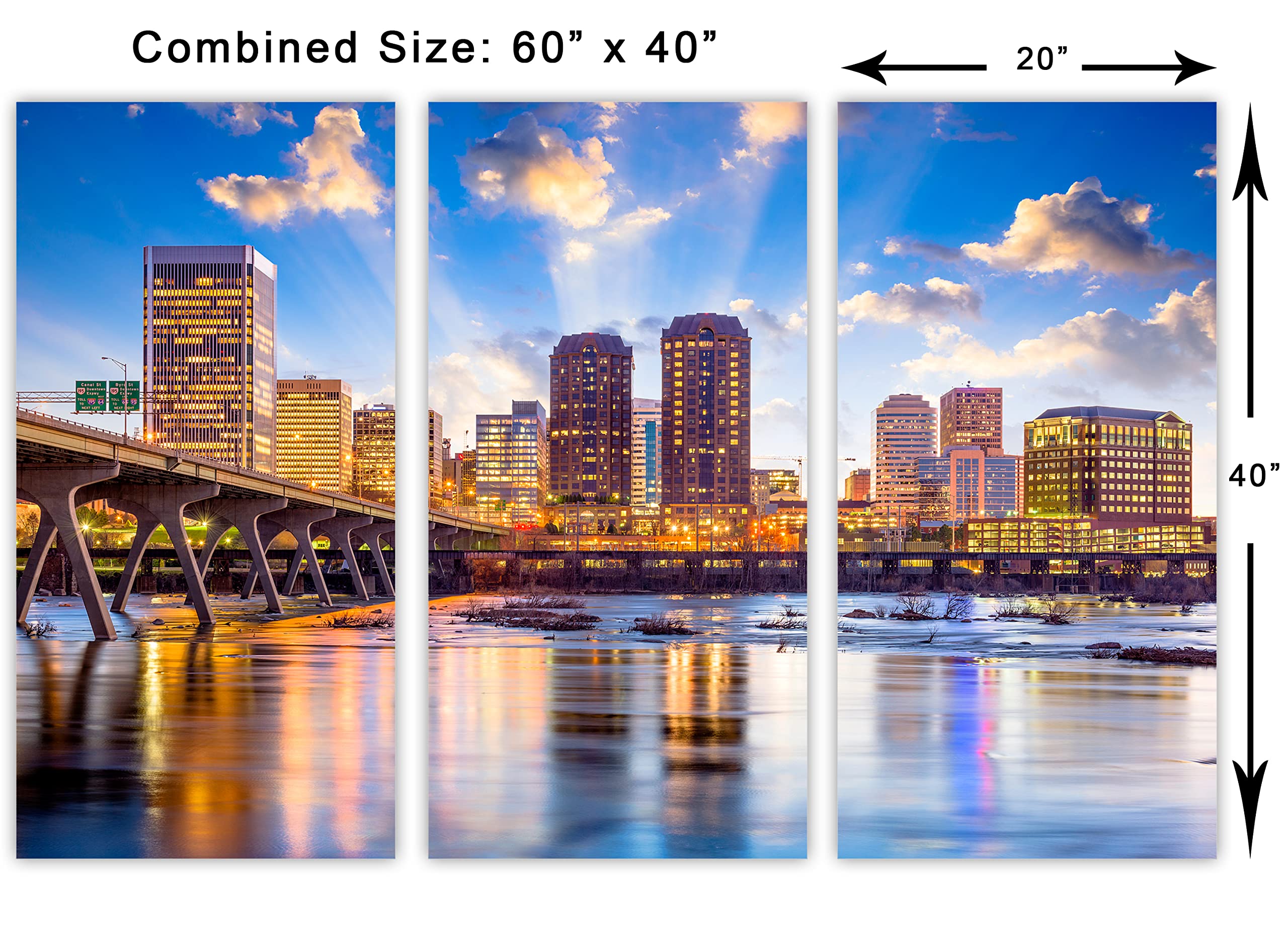 60x40 Richmond Virginia Canvas Print - USA Skyline Triptych Wall Art, 3 Panel Split Home Decor for Living Room, Bedroom & Office