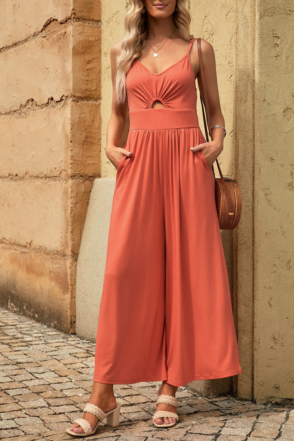 Stylish Smocked Spaghetti Strap Wide Leg Jumpsuit for Women - Summer Boho Chic Romper - Perfect for Beach Vacations, Music Festivals & Date Nights