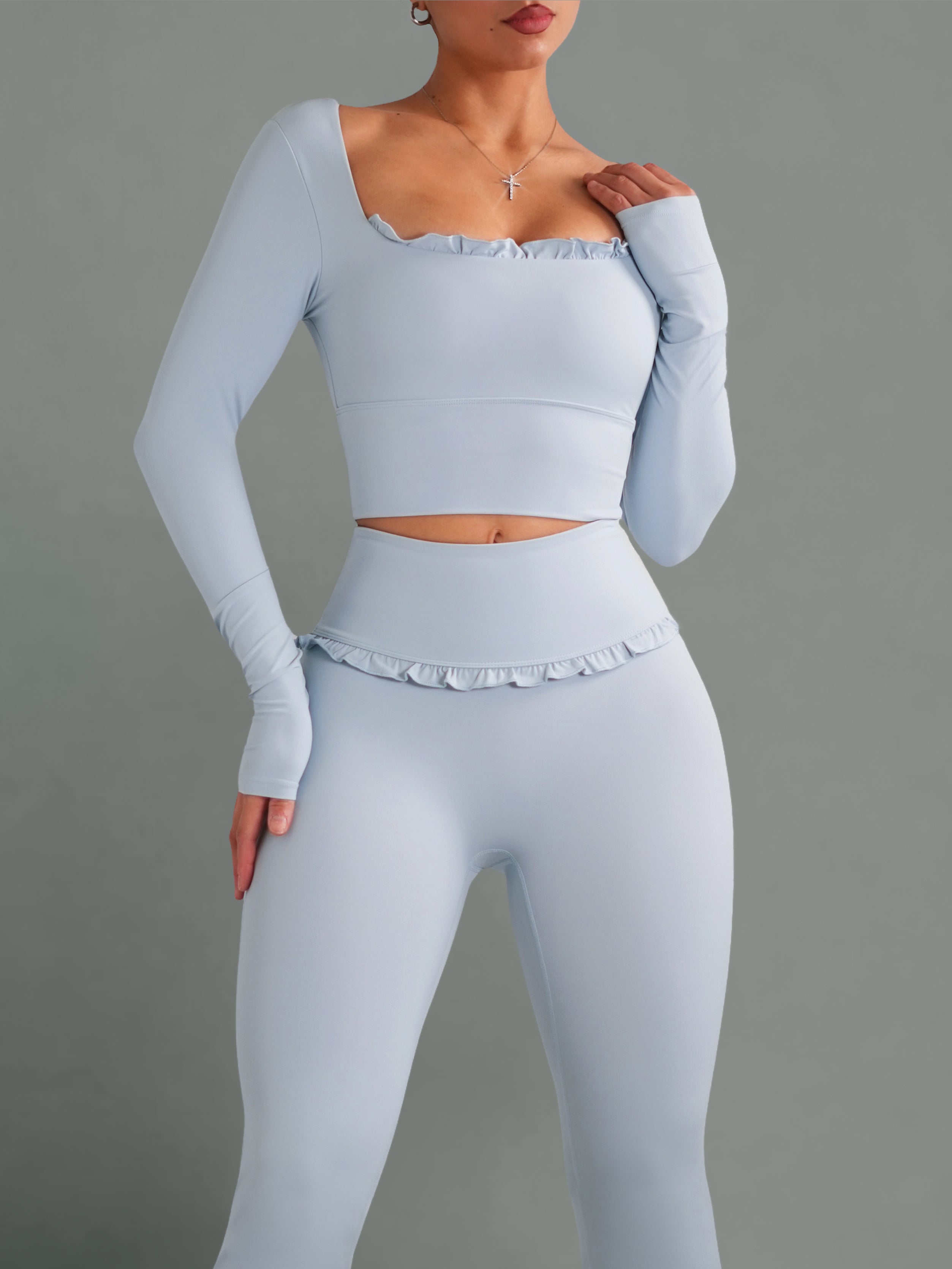 Ballet Ruffled Long Sleeve Sports Top for Women - Breathable Workout Shirt in Blush Blue | Perfect for Yoga, Dance & Gym Training
