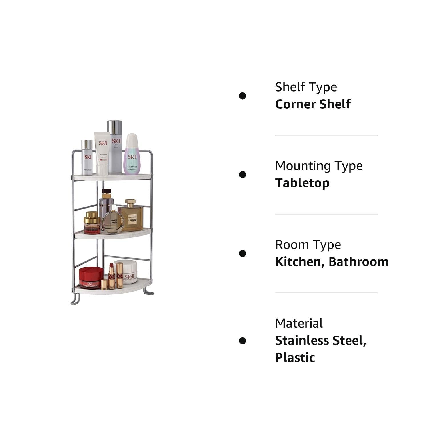 3-Tier Corner Spice Rack - White Kitchen & Bathroom Organizer for Spices, Cosmetics & Makeup - Space-Saving Countertop Shelf for Vanity, Pantry & Small Spaces