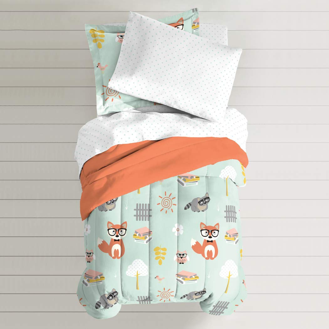 5-Piece Kids Unisex Mint Green & Orange Woodland Comforter Twin Set - Safari Themed Bedding with Adorable Forest Animals (Foxes, Raccoons, Owls) - Cute Novelty Polyester Bed-in-a-Bag - Perfect for Nursery, Kids' Room Decor & Themed Birthday Gifts