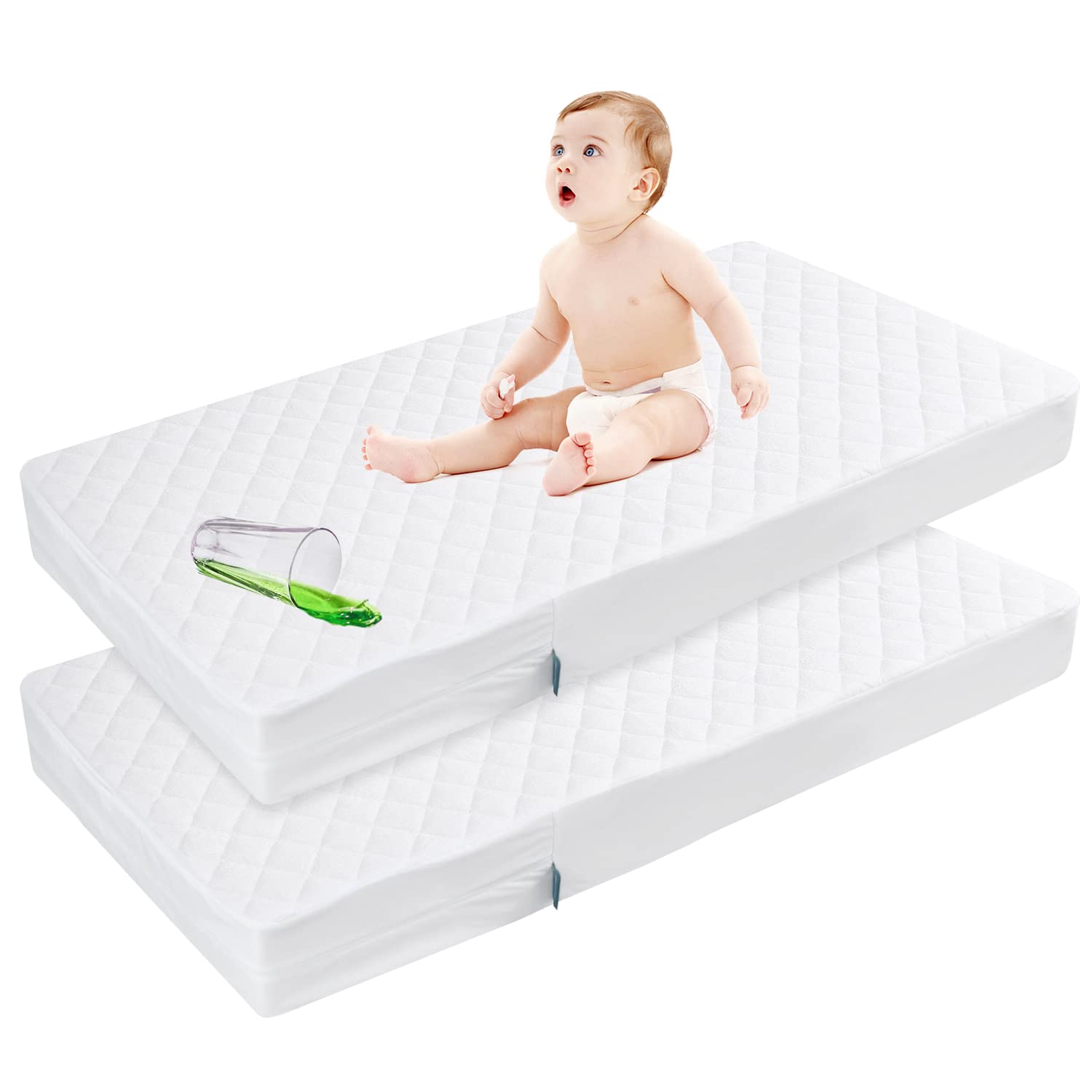 Waterproof Zippered Crib Mattress Protector - 6-Sided Breathable Bamboo Viscose Cover, 2-Pack | Hypoallergenic & Absorbent for Baby's Comfort | Ideal for Daycare, Travel & Home Nursery Use