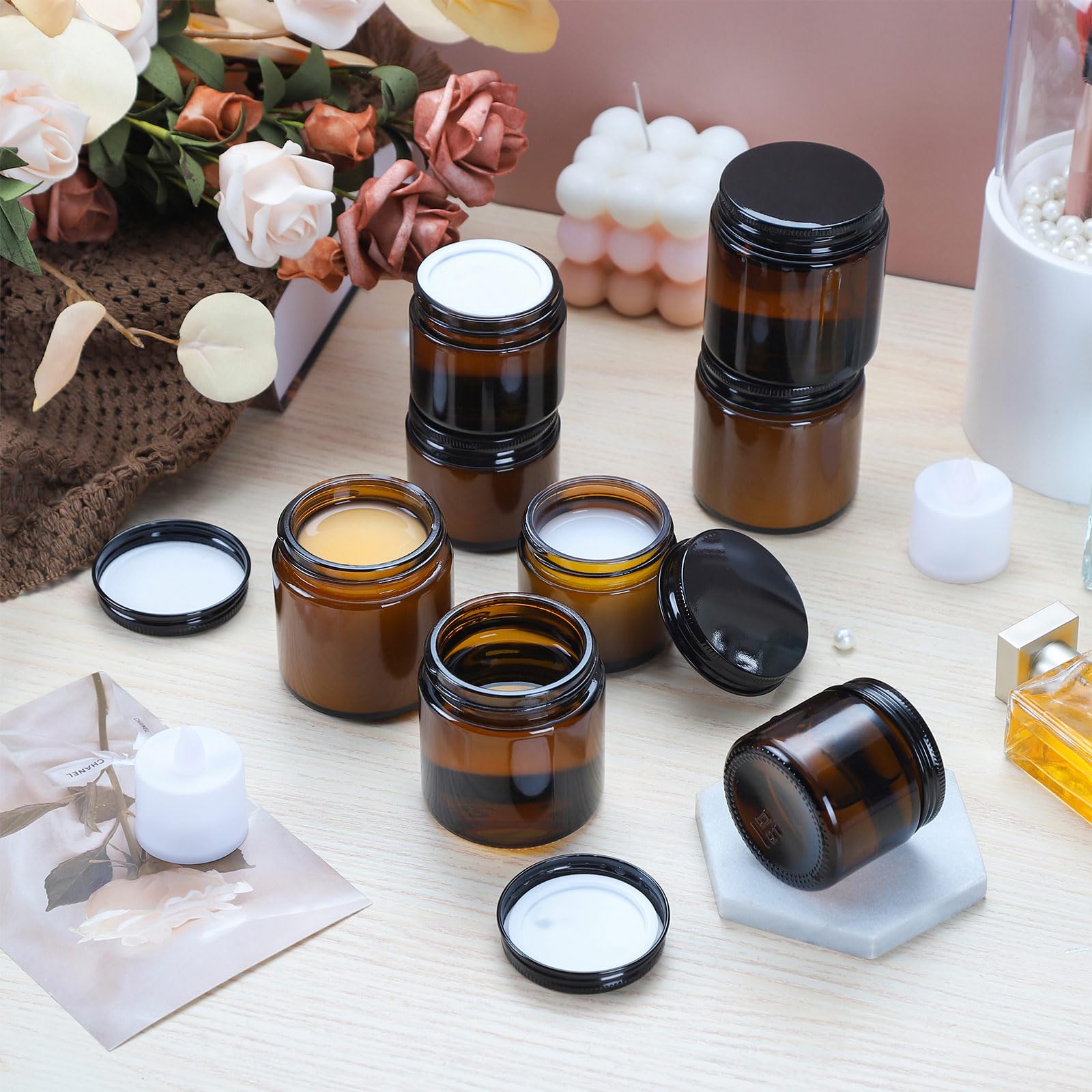 2oz Amber Glass Jars with Airtight Lids (24 Pack) - Small Cosmetic Containers for Lotion, Cream, Salve & DIY Skincare - Perfect for Travel, Candle Making & Essential Oil Storage
