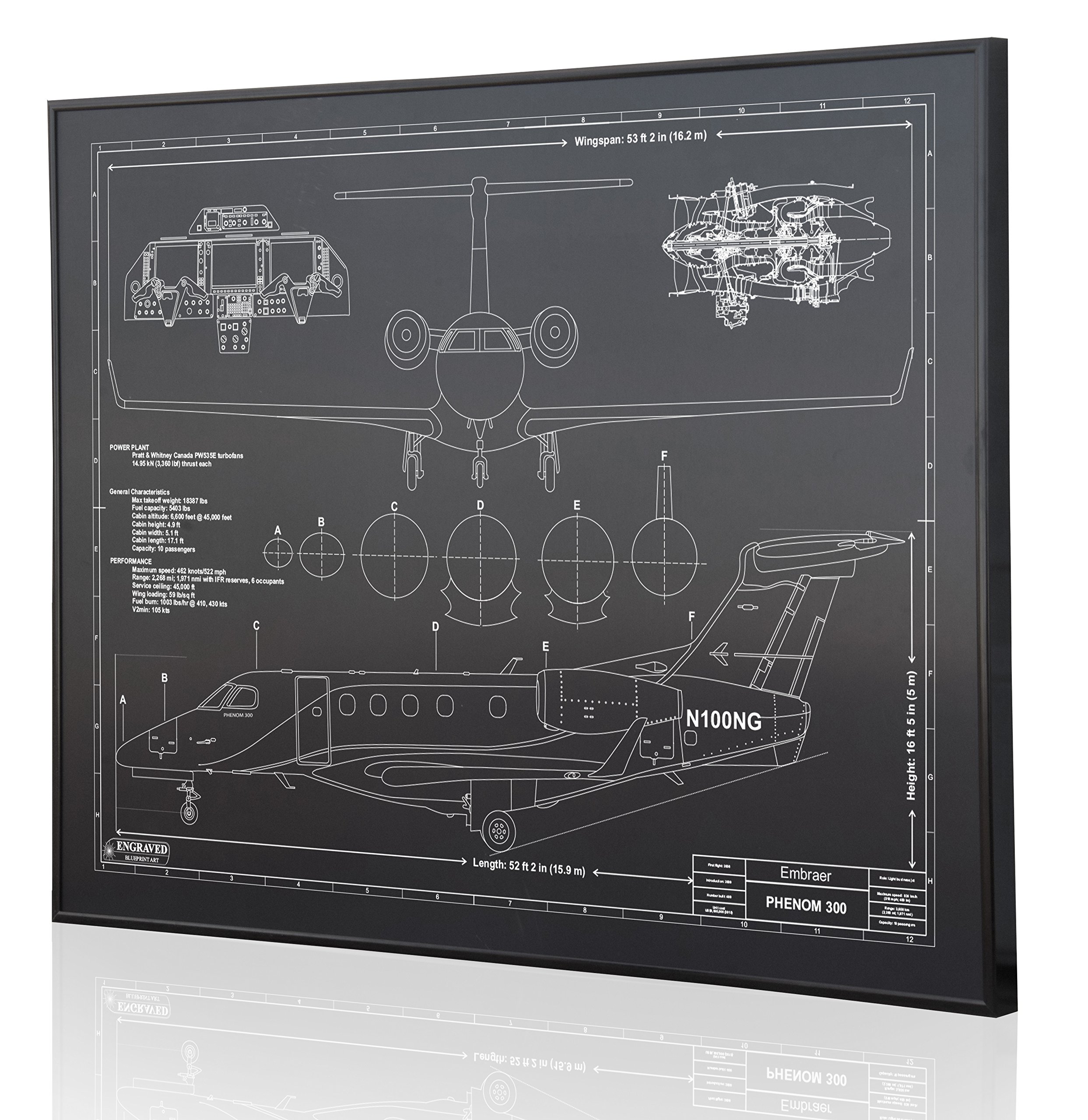 Embraer Phenom 300 Blueprint Wall Art - Laser Engraved Personalized Aviation Gift for Pilots - Perfect for Home Office Decor & Pilot Appreciation Gifts