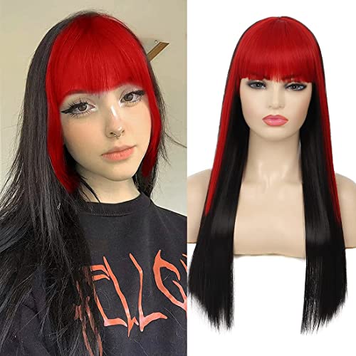 Beweig Long Straight Black Red Synthetic Wig with Bangs - Heat Resistant Halloween Costume Hair Wigs for Women | Perfect for Cosplay, Parties, and Daily Fashion