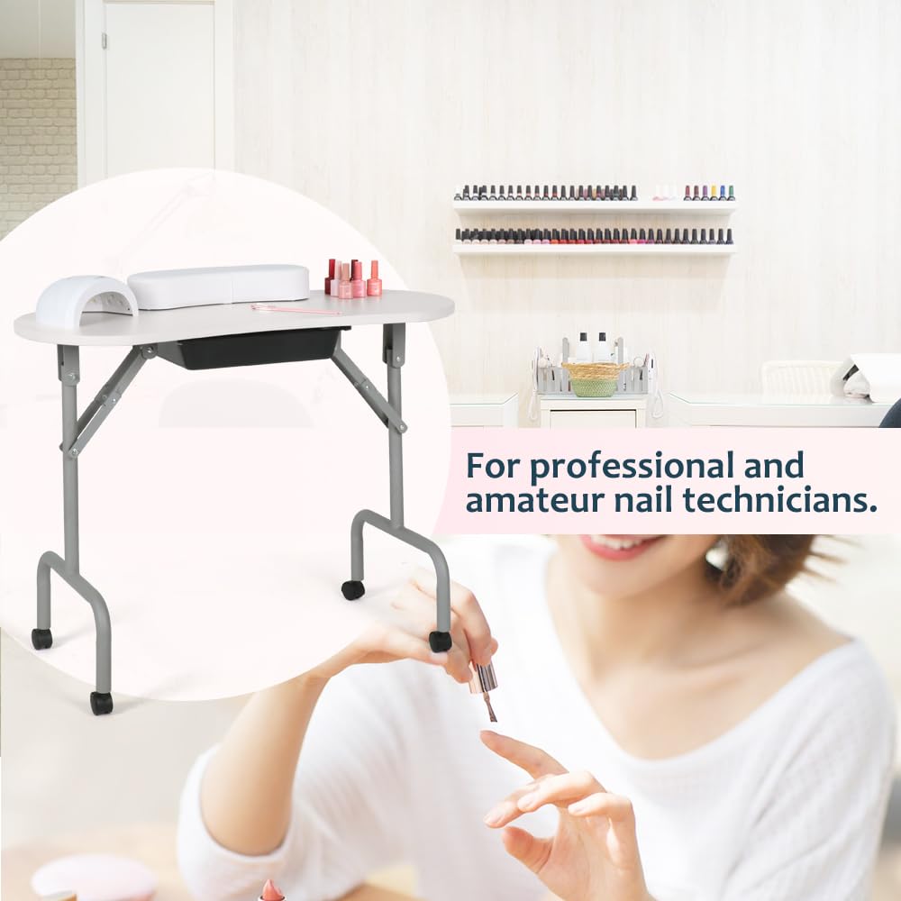 Portable Foldable Manicure Table with Large Drawer - 36 Inch White Nail Tech Station for Salon Professionals | Includes Wrist Cushion, Carry Bag & 4 Lockable Wheels | Perfect for Home Salons, Mobile Nail Technicians & Spa Treatments