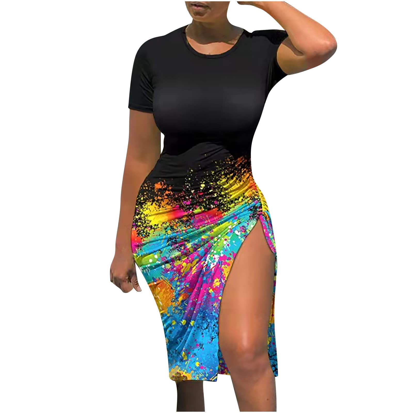 BOXIACEY Women's Summer Dresses - Short Sleeve Round Neck Slim Fit Solid & Gradient Printed Dress with Sexy Drawstring & Slit Design | Perfect for Beach Vacations, Date Nights & Casual Outings