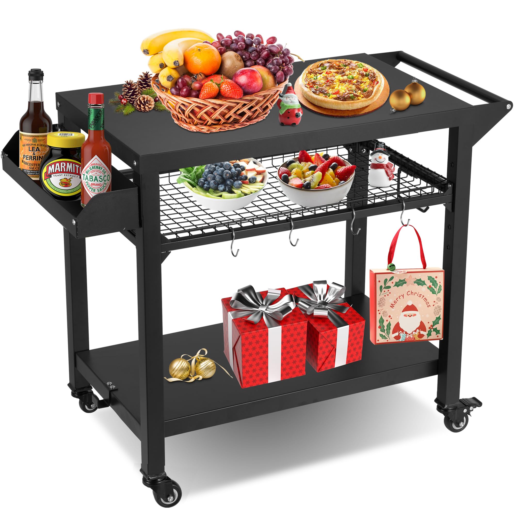 Spurgehom Grill Cart with Wheels - Outdoor Pizza Oven Stand & BBQ Prep Table | Portable Kitchen Cart with Mesh Racks for Patio, Backyard, Camping & Home Parties | Perfect for Outdoor Cooking, Dining & Entertaining