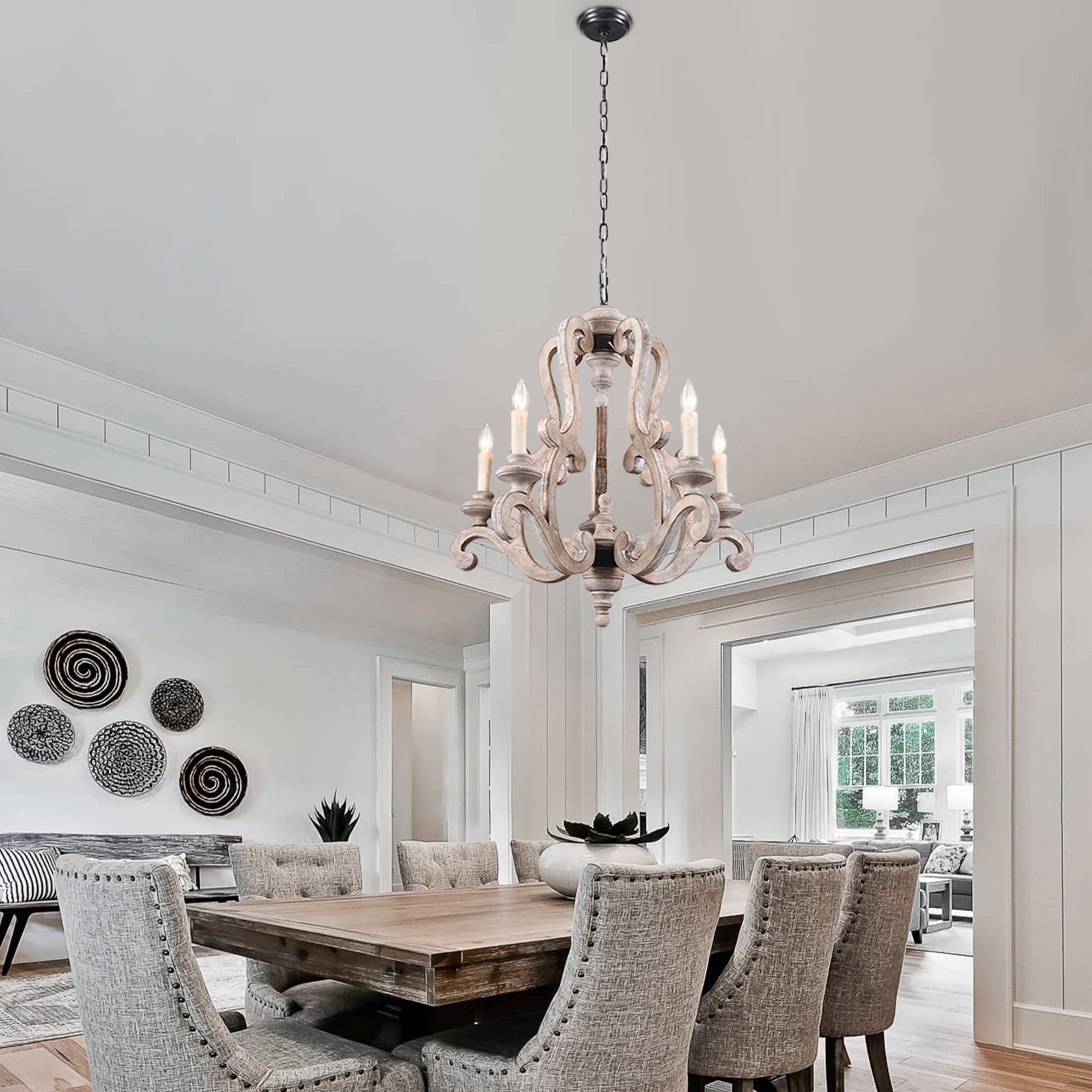 French Country Farmhouse Chandelier - 5-Light Candle Style Empire Pendant Light with Wood Accents - Antique Weathered Wood Finish - Perfect for Living Room, Dining Room & Bedroom Lighting