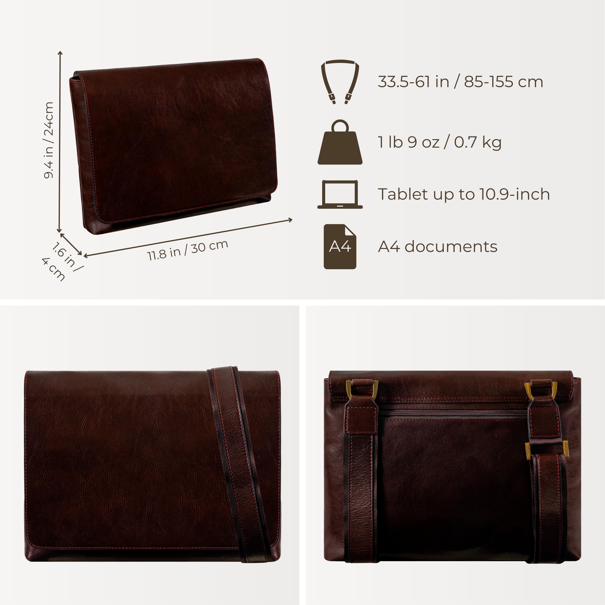Premium Full Grain Leather Messenger Bag for Men - Durable Crossbody Shoulder Bag with Tablet Pocket - Perfect for Work, Travel & Daily Commute