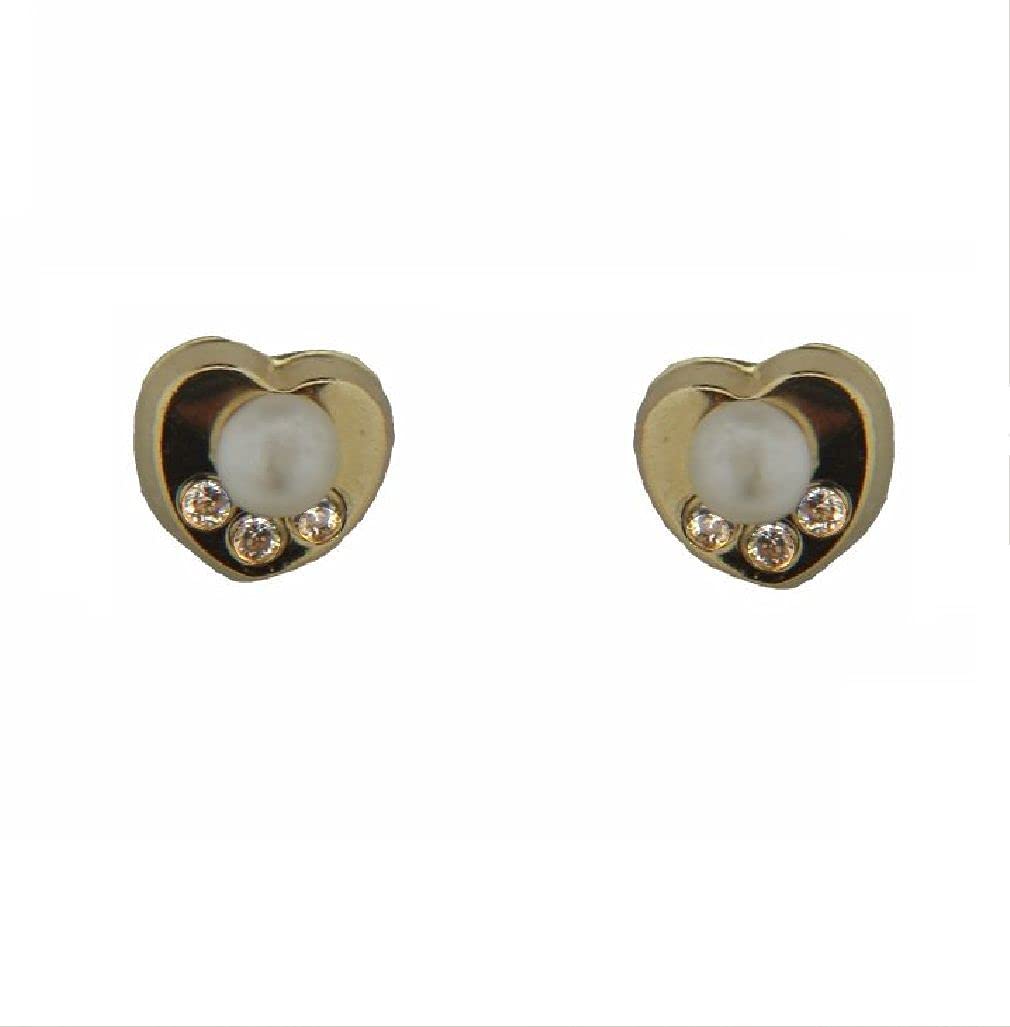18K Yellow Gold Small Pearl & Zirconia Heart Screwback Earrings - 4mm Earrings, 2.5mm Pearl (0.16/0.10 Inches) - Perfect for Weddings, Anniversaries & Special Occasions