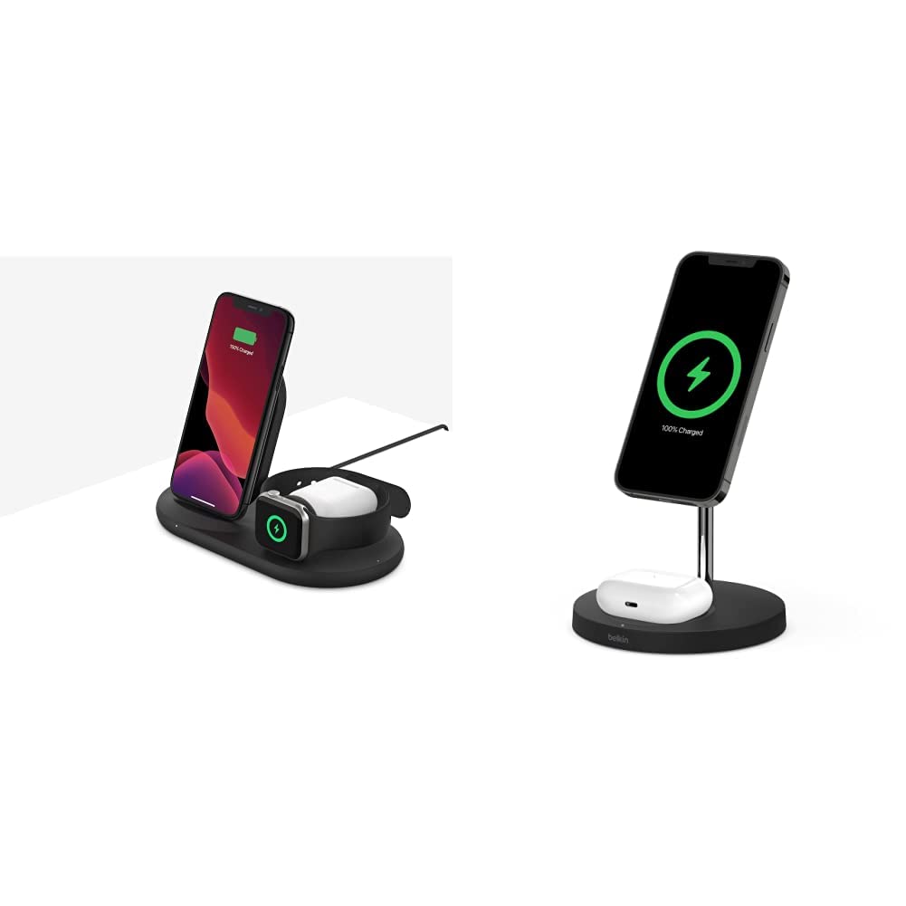 Belkin 3-in-1 Wireless Charging Station for iPhone 13/12/Pro/Max, Apple Watch & AirPods with 15W Fast Charging | Magsafe 2-in-1 Charger Stand | Perfect for Bedside, Office Desk & Travel Accessories