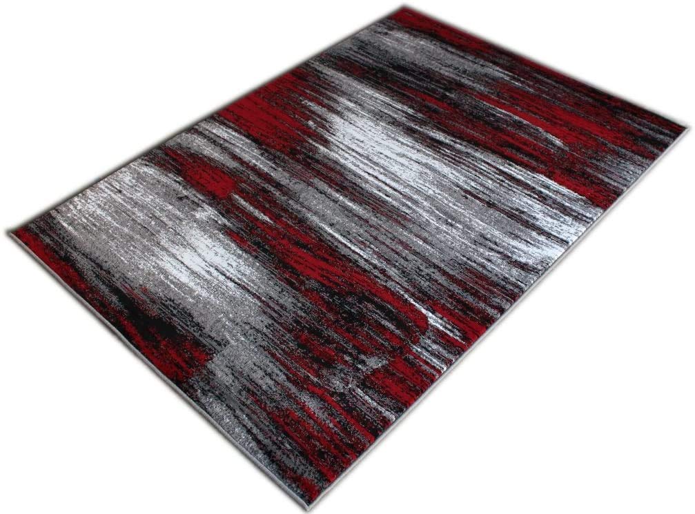 Large Modern Abstract Red Grey Black Area Rug 5’3”x7’5” - Soft Living Room Rug, Office & Kitchen Carpet - Perfect for Home Decor, Workspace & Dining Areas