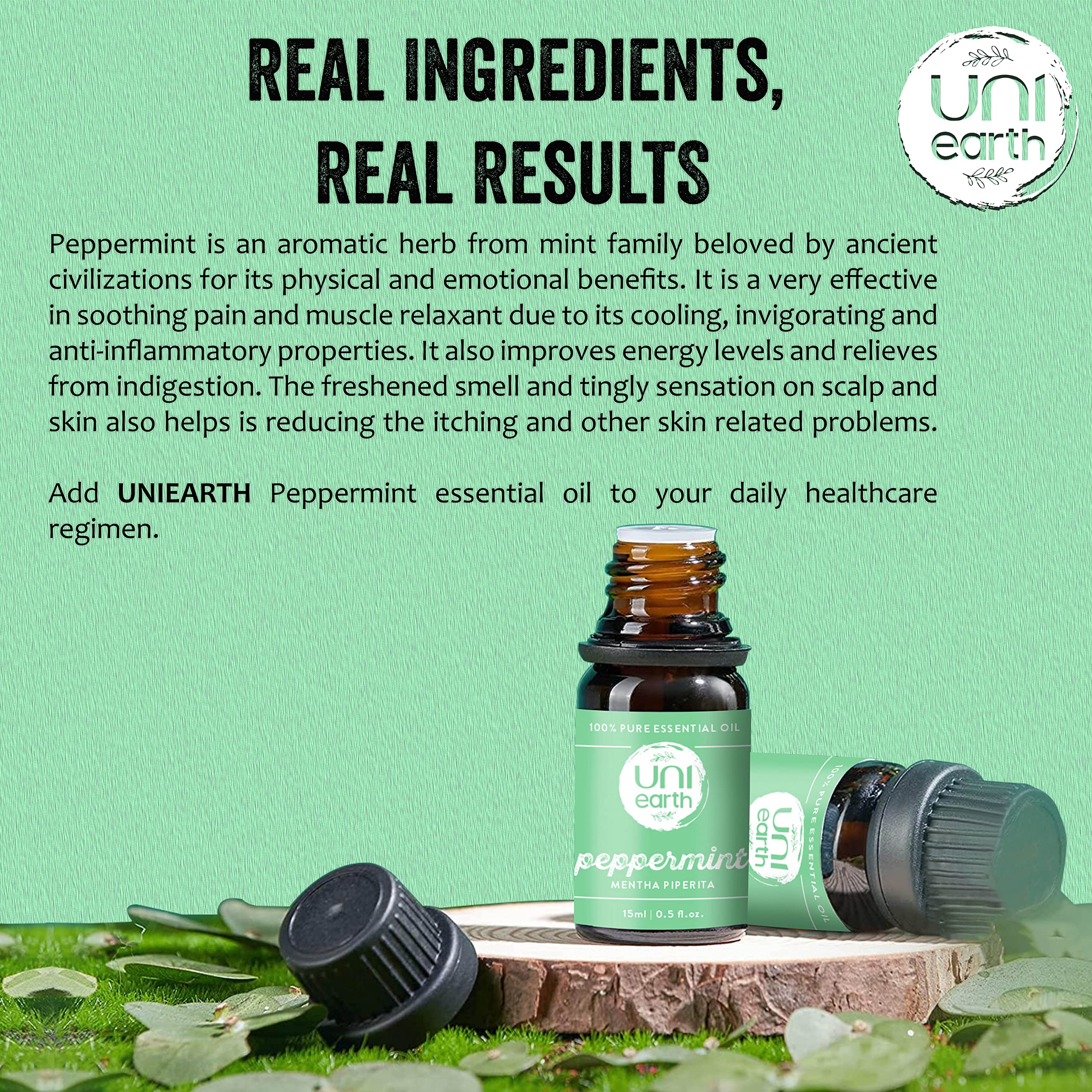 Uniearth 100% Pure Therapeutic Grade Peppermint Essential Oil - 15mL for Skin & Hair Care, Muscle Pain Relief, Acne Treatment & Scalp Nourishment | Aromatherapy, Massage, DIY Beauty & Home Remedies