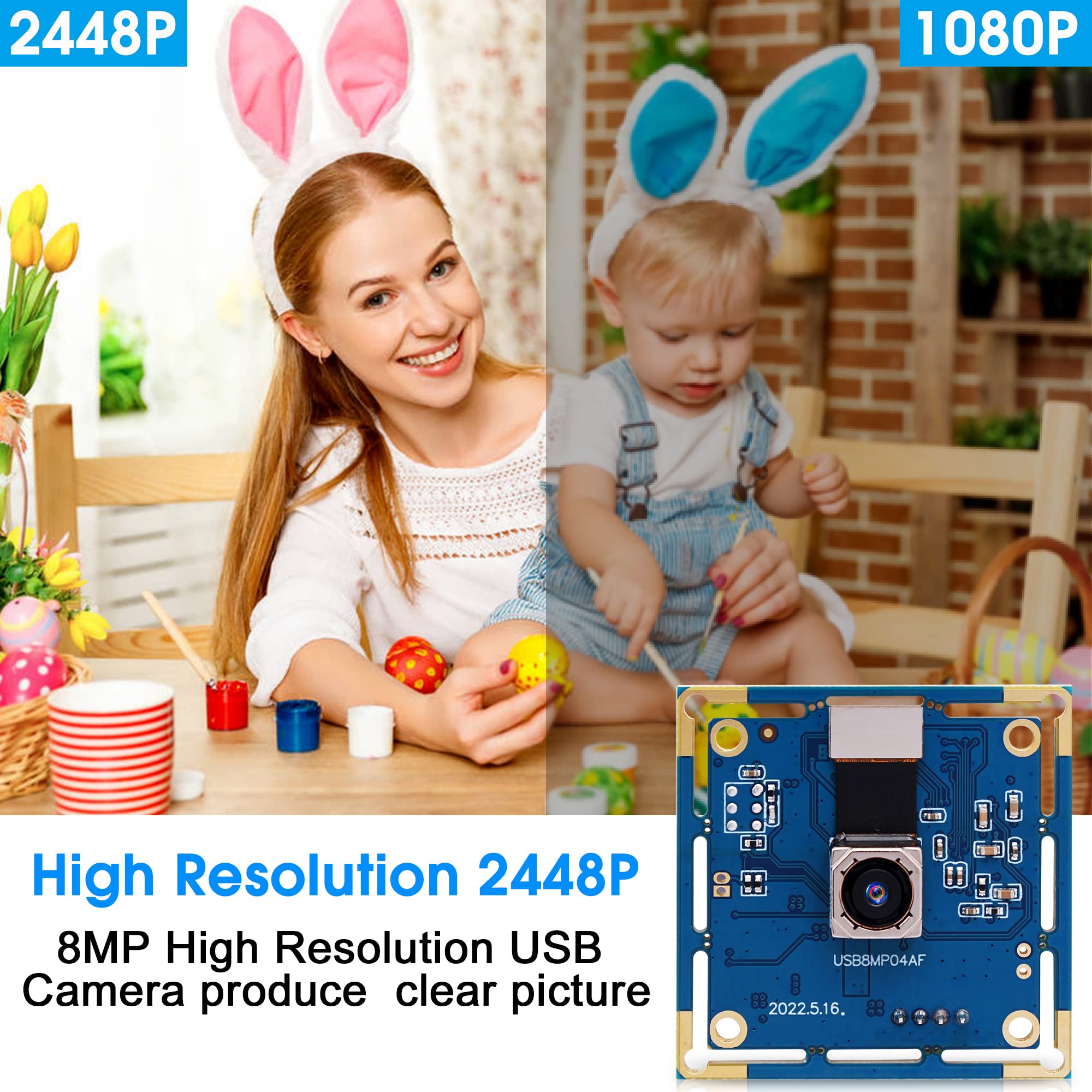 8MP Auto Focus USB Webcam for Computers - Full HD 2448P No Distortion Camera Module | Perfect for 3D Printing, Lightburn, Industrial Use & Video Conferencing