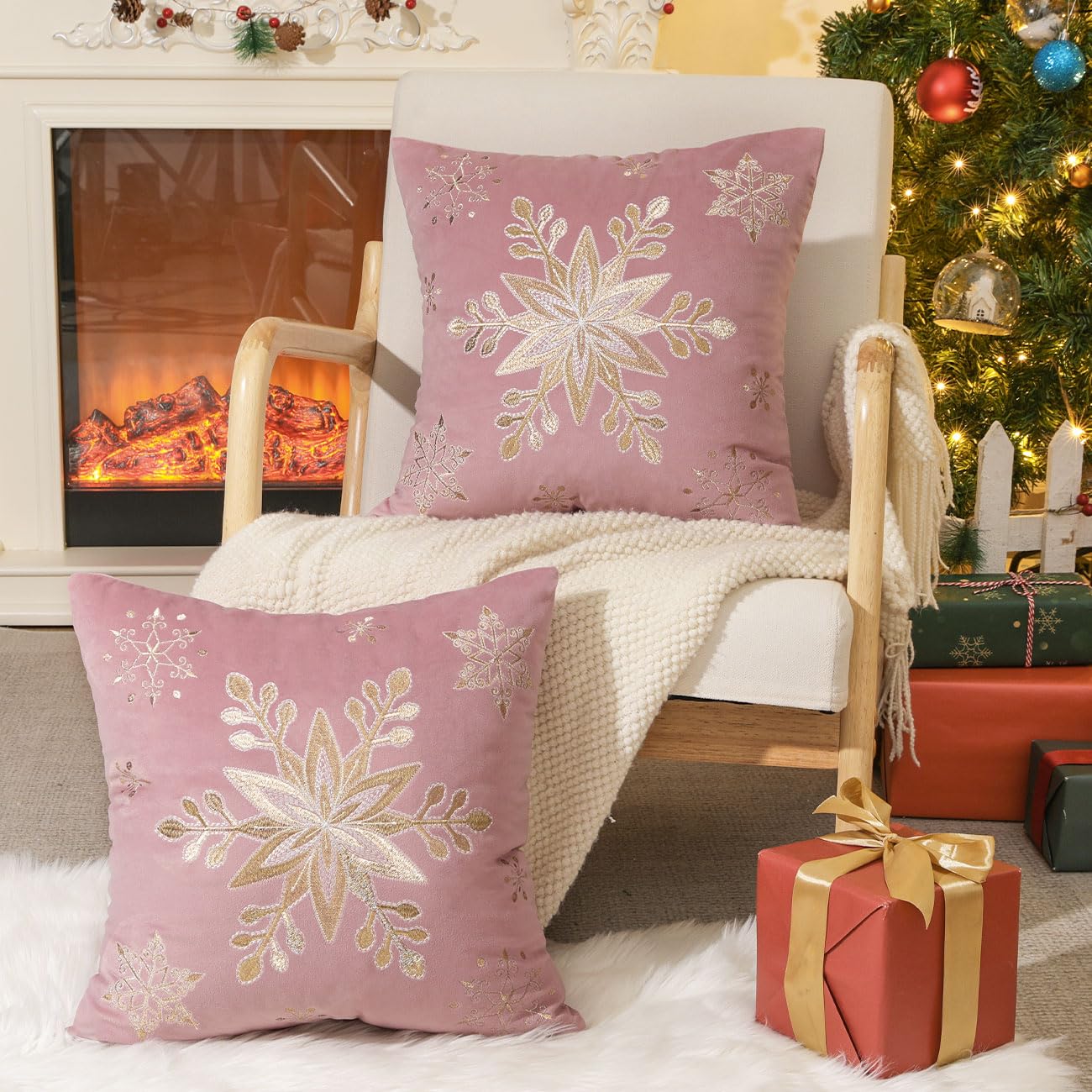 Lewondr 18x18 Inch Christmas Throw Pillow Covers Set of 2 - Embroidered Snowflake Velvet Decorative Pillowcases for Sofa, Couch, Bed, Living Room - Soft Square Home Decor in Pink - Perfect for Holiday Decorations & Cozy Winter Nights