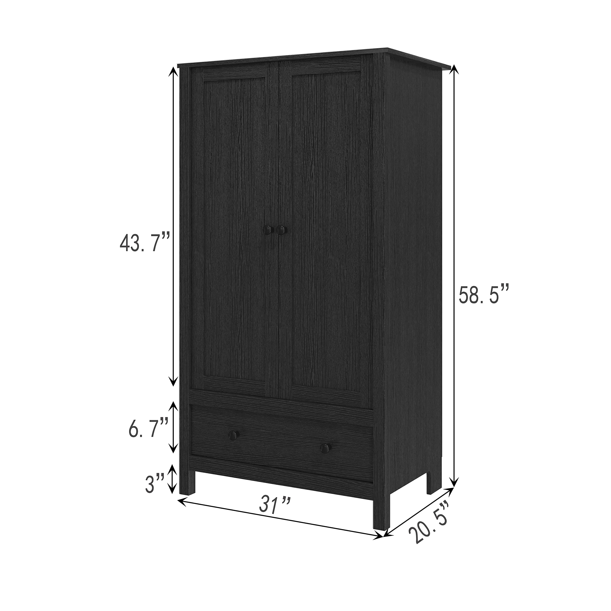 Panana 2 Door Wardrobe Closet with Drawer - Black Wooden Armoire for Bedroom Storage | Perfect for Organizing Clothes, Shoes & Accessories in Master Bedroom, Guest Room or Dorm