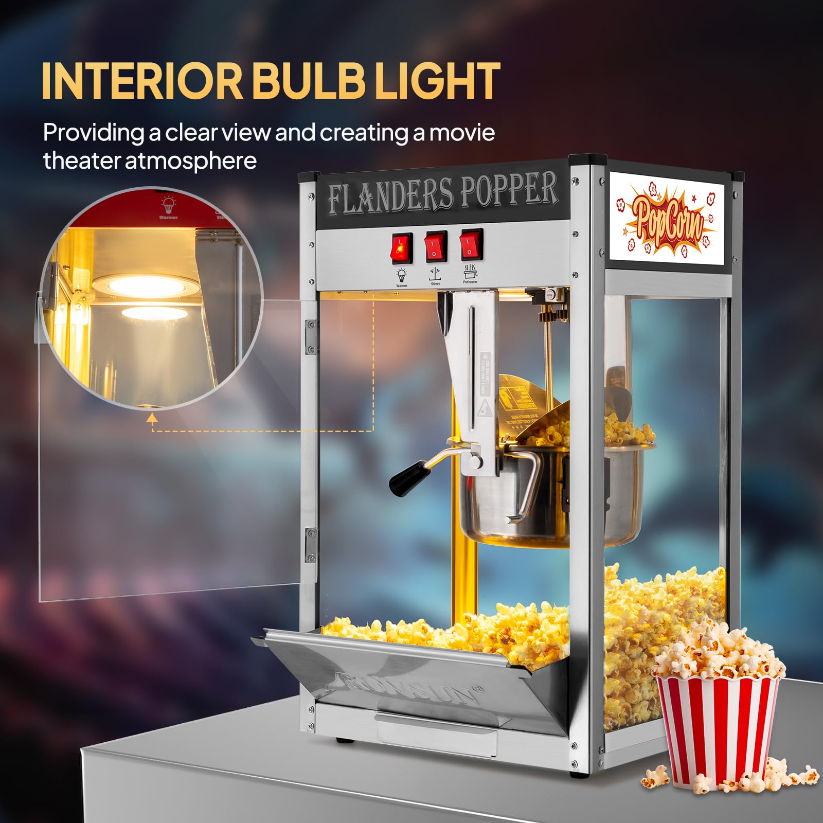 ROVSUN 10oz Commercial Popcorn Machine - Movie Theater Style Countertop Popcorn Popper Makes 4 Gallons, Includes Stainless Steel Scoop, Oil Spoon, Bags & 3 Cups (Black) - Perfect for Home Theater, Parties, Carnivals and Snack Bars
