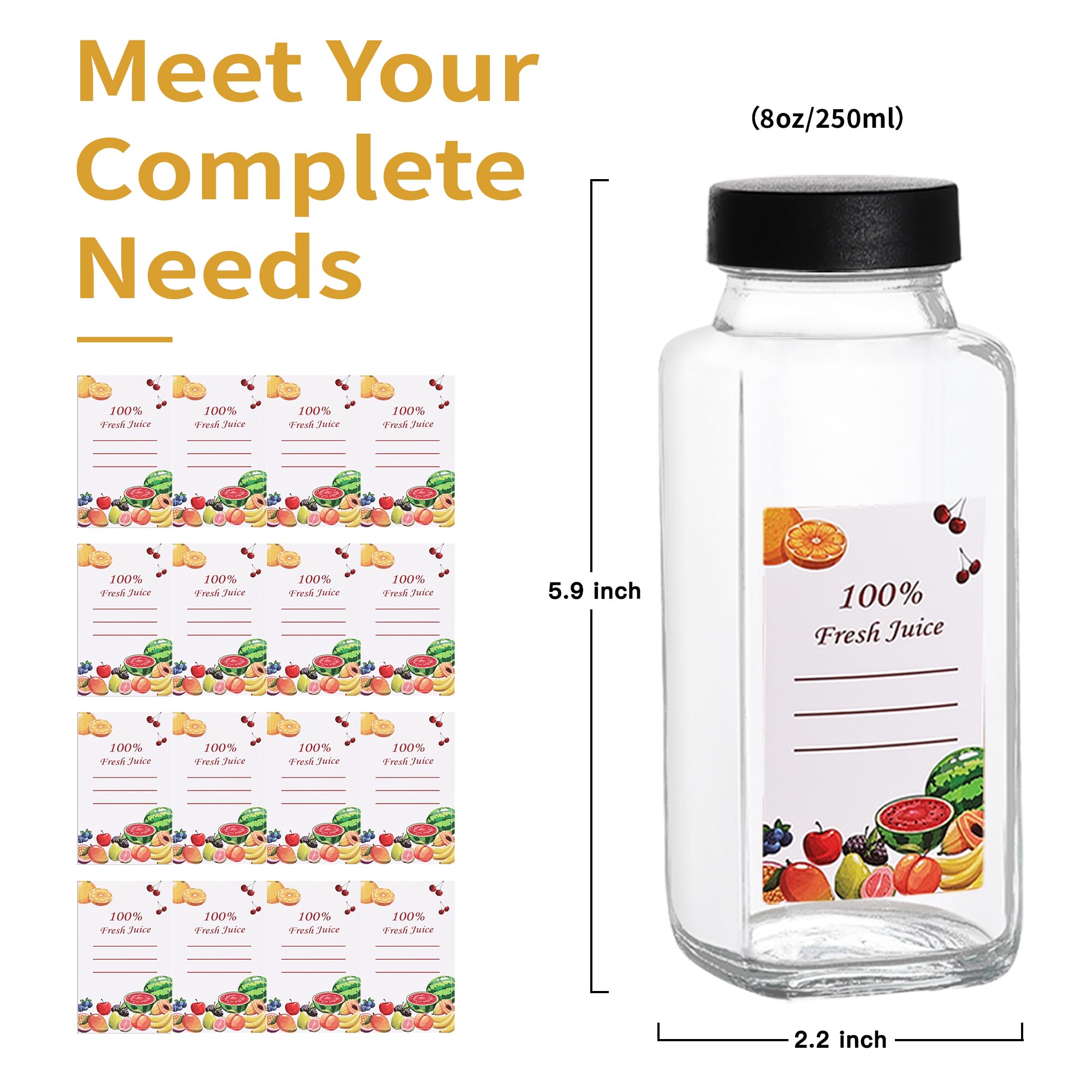 16 Pack 8 oz Glass Juice Bottles with Black Lids & Labels - Reusable Leakproof Drink Containers for Juicing, Water, Ginger Shots, Wellness Drinks - Dishwasher Safe Travel Storage Jars for Home, Office & Gym Use