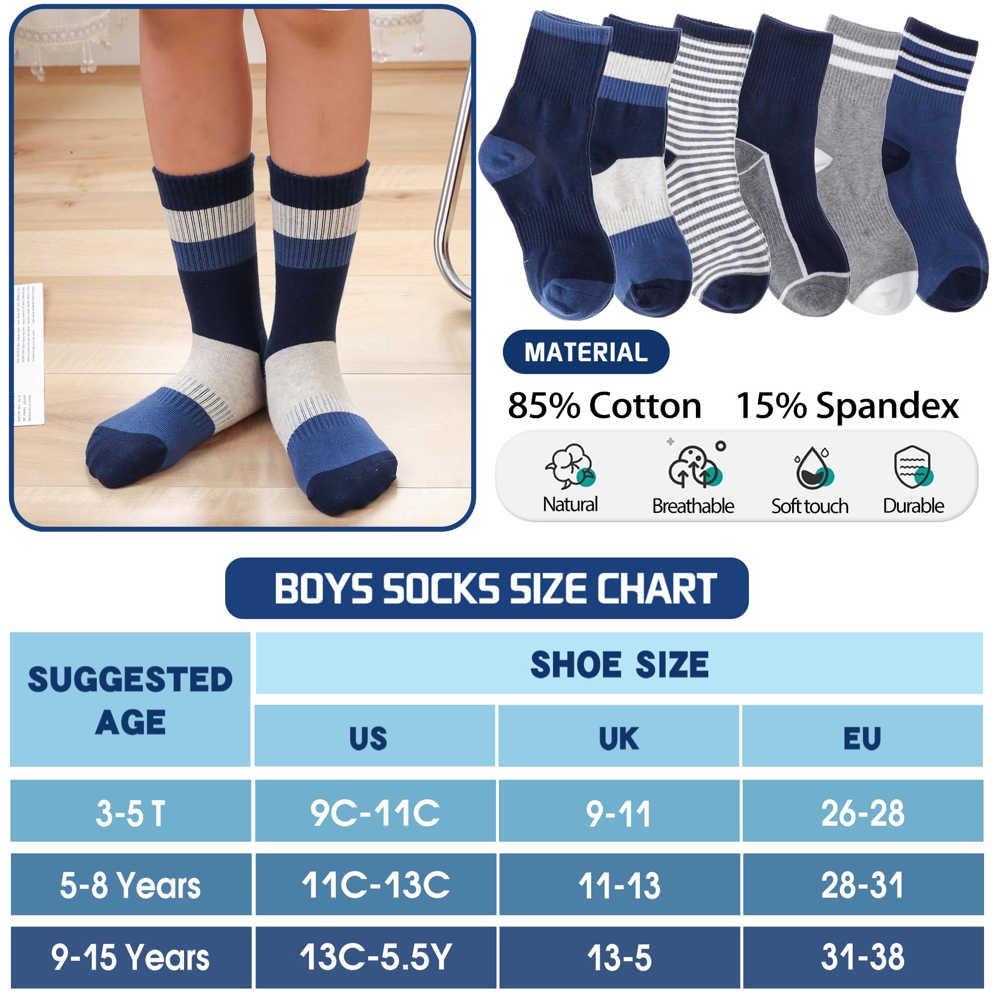 Welwoos 6 Pairs Boys Athletic Socks - Breathable Cotton Sport Crew Socks for Kids - Perfect for Running, School & Daily Wear