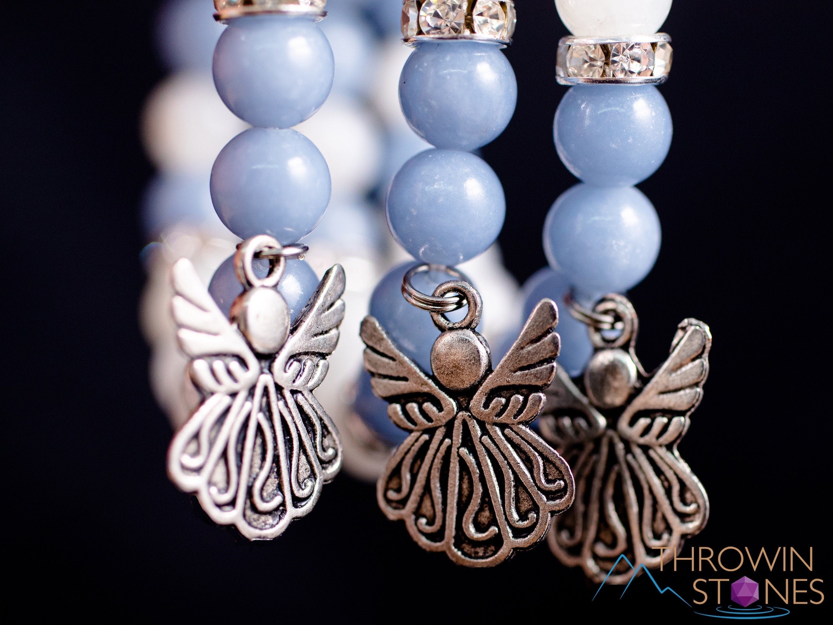 Angelite & Moonstone Crystal Bracelet - Angel Charm Beaded Bracelet with Round Beads | Handmade Healing Jewelry for Women | Spiritual Gift, Meditation & Energy Balancing Accessory (E2050)