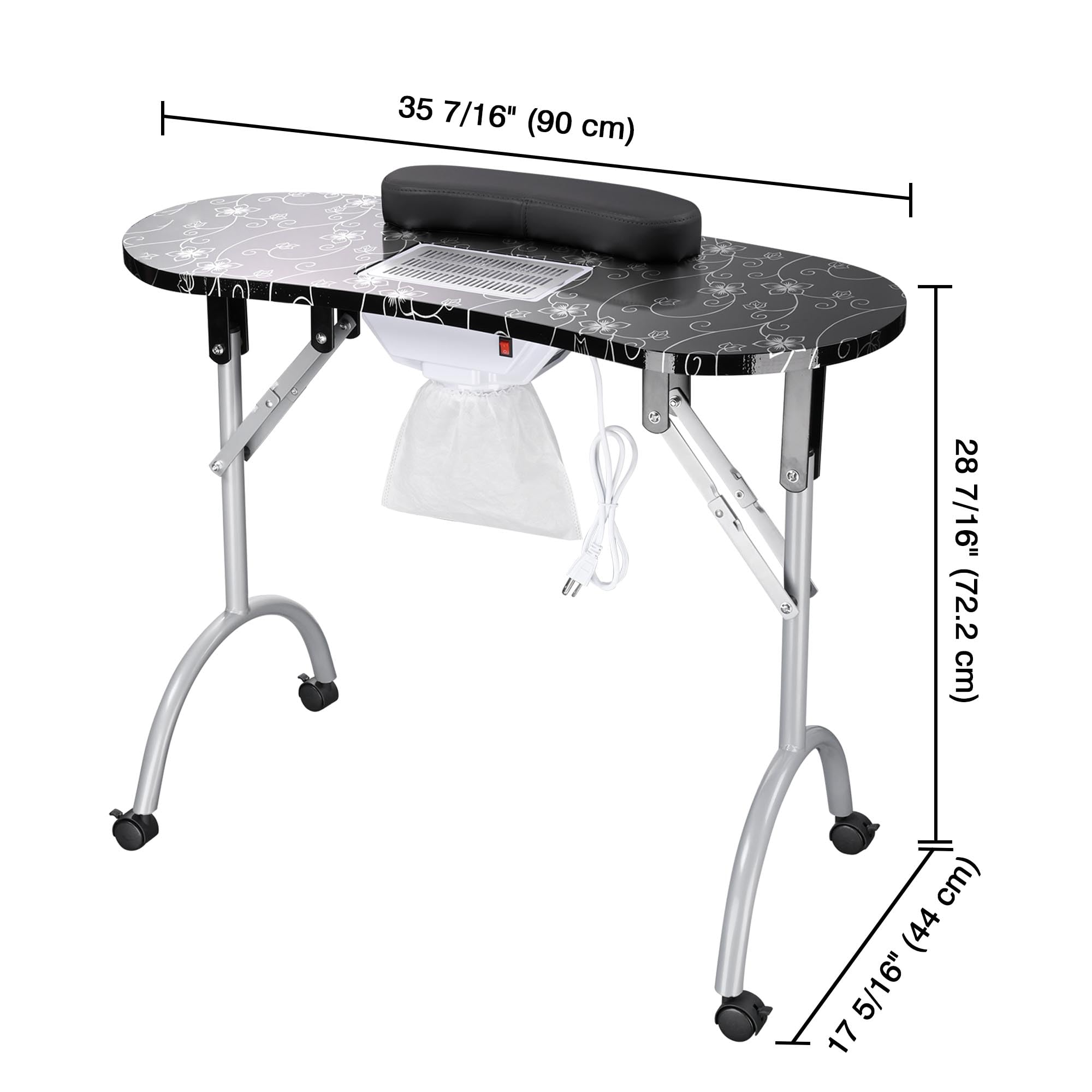 BYOOTIQUE Portable Folding Nail Table with Built-in Dust Collector & Lockable Wheels - Professional Manicure Station for Nail Techs, Tattoo Artists & Beauty Salons - Includes Carry Bag - Perfect for Spa, Home Salon & Mobile Nail Services (Black)