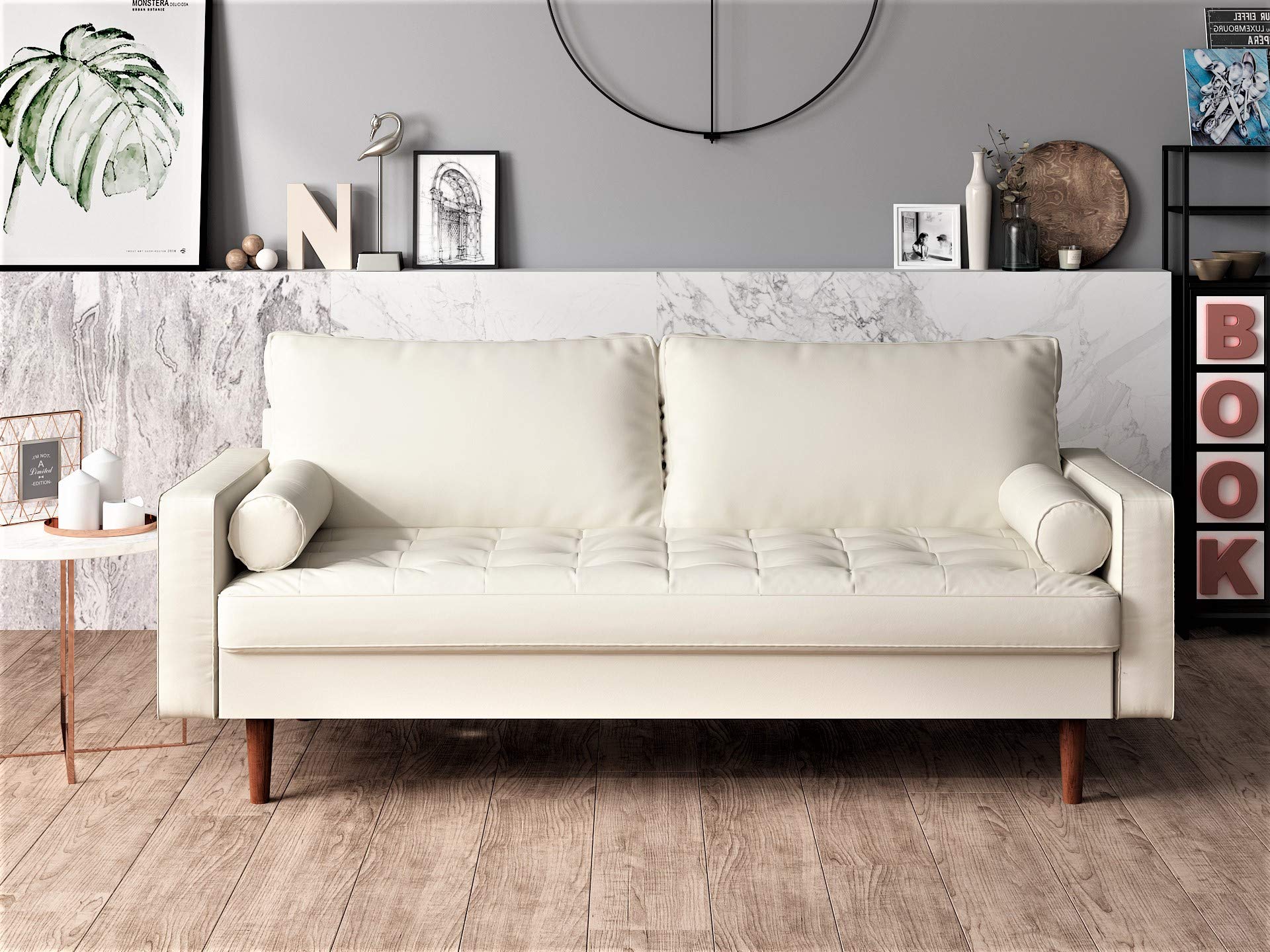 Mid Century Modern Loveseat Sofa - PU Leather Upholstered Tufted Couch with Bolster Pillows | Retro Design for Living Room, Bedroom & Office | White Contemporary Furniture for Small Spaces