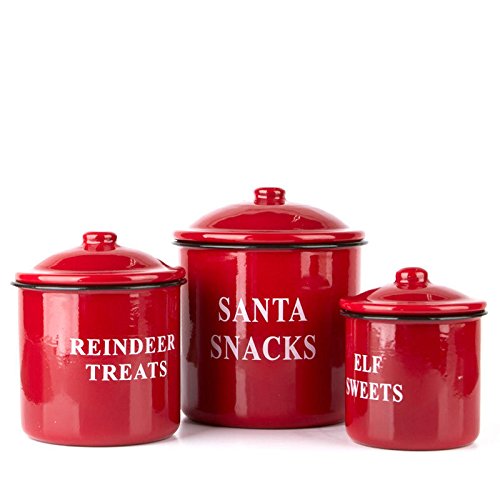 **3-Piece Red Enamelware Canister Set for Christmas Snacks – Reindeer Treats, Santa Snacks & Elf Sweets – Holiday Kitchen Storage for Cookies, Candy & Desserts – Perfect for Festive Gifting & Home Decor**    *(Use Case: Ideal for organizing holiday treats, gifting to loved ones, or adding festive charm to your kitchen decor during Christmas season.)*