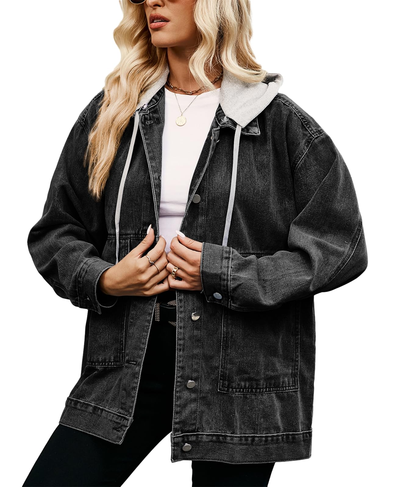 PAODIKUAI Women's Vintage Oversized Denim Jacket - Long Sleeve Casual Jean Coat with Detachable Hood | Streetwear Fashion, Fall Layering, Boho Outfit Essential