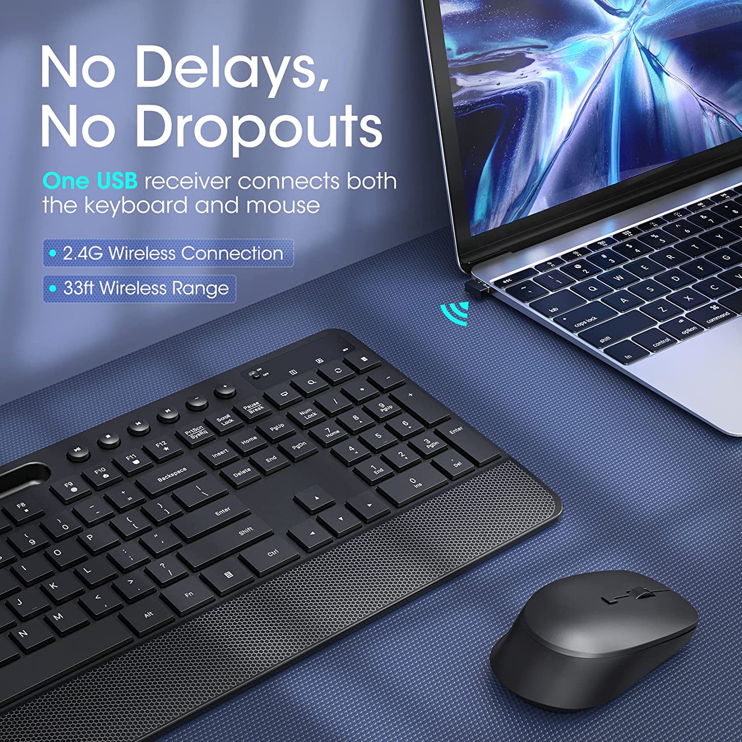 Wireless Keyboard and Mouse Combo 2.4GHz - Ergonomic Full-Size Keyboard with Silent Click Mouse for PC, Laptop, Mac - Lag-Free Typing & Gaming for Home Office & Workstation