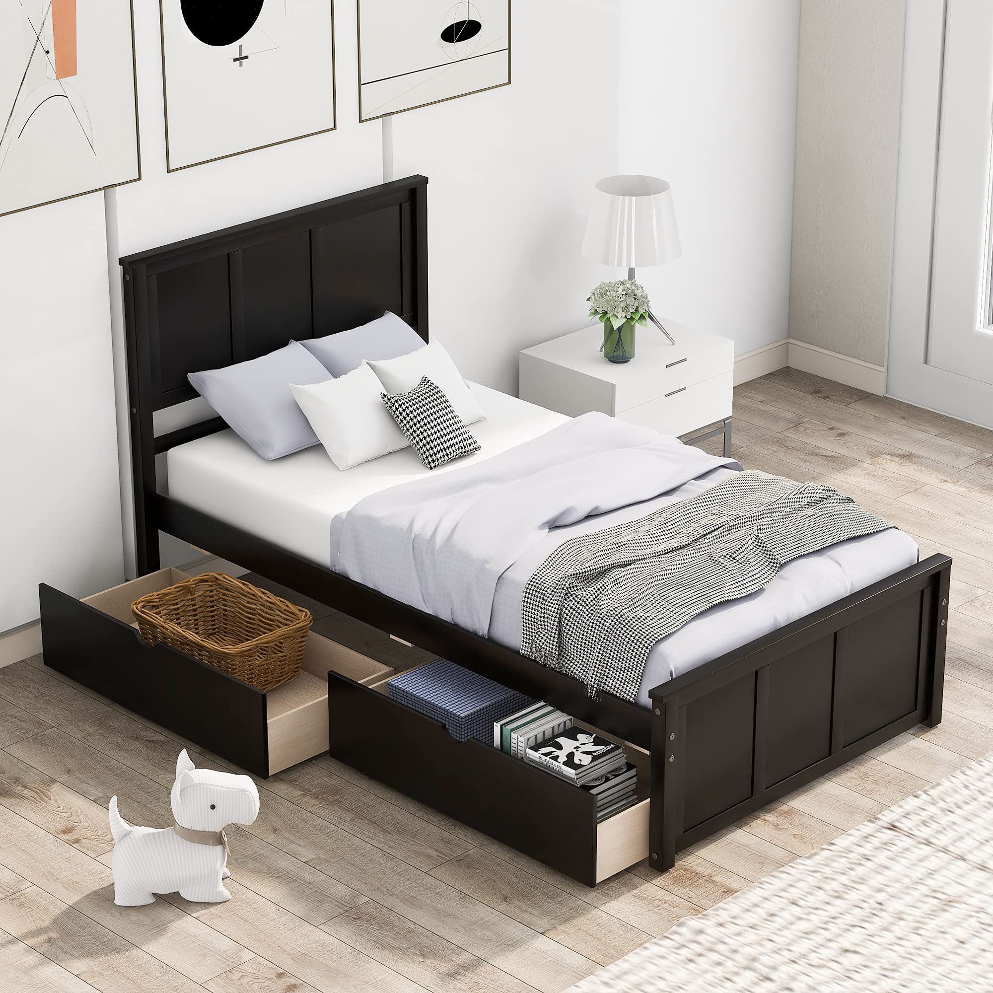 SOFTSEA Twin Size Platform Bed Frame with Headboard & Footboard - Solid Wood Storage Bed with Drawers & Wood Slat Support (Espresso) | Space-Saving Bedroom Furniture for Small Rooms & Guest Rooms