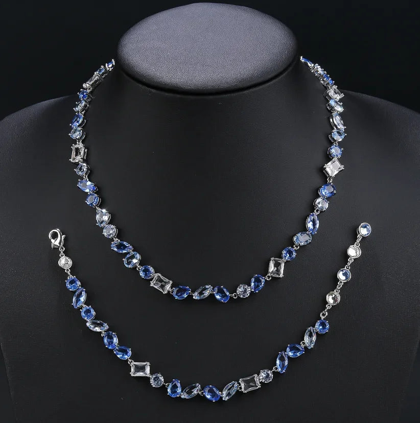 Elegant CZ Blue Cubic Zirconia Jewelry Set for Women - Necklace & Bracelet Combo for Wedding, Party & Special Occasions | Perfect Gift for Her | CN11078